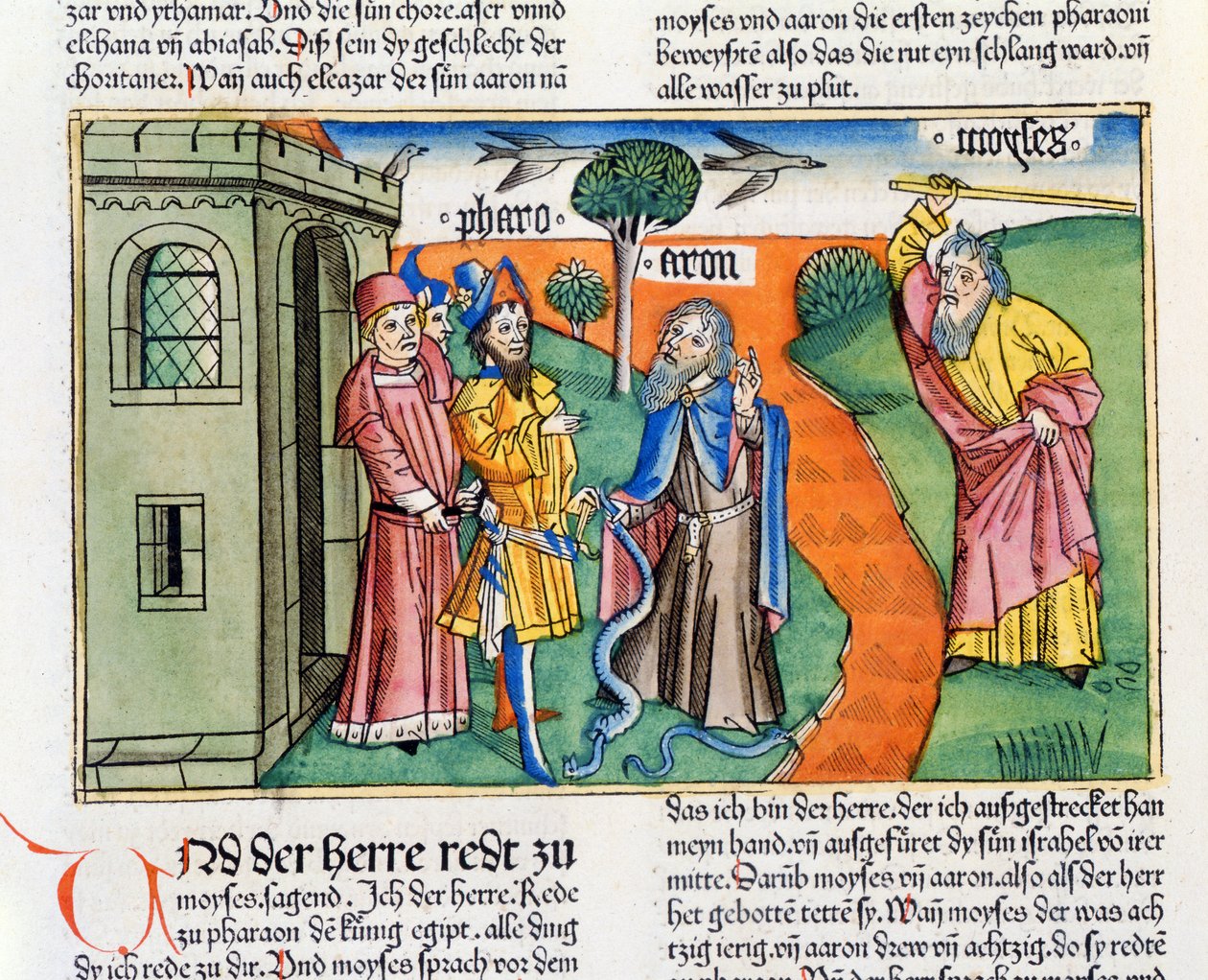 2 Mosebok 7 8-25 Arons stav i form av en orm sväljer faraos vismäns och trollkarlars ormar, och Mose förvandlar Nilens vatten till blod, från Nürnbergbibeln (Biblia Sacra) av German School
