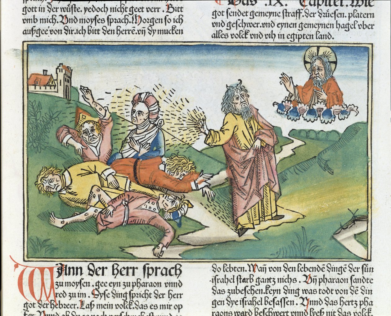 2 Mosebok 9 8-12 Egyptens sju plågor: Moses och böldplågan, från Nürnbergbibeln (Biblia Sacra Germanaica) (färgat träsnitt) av German School