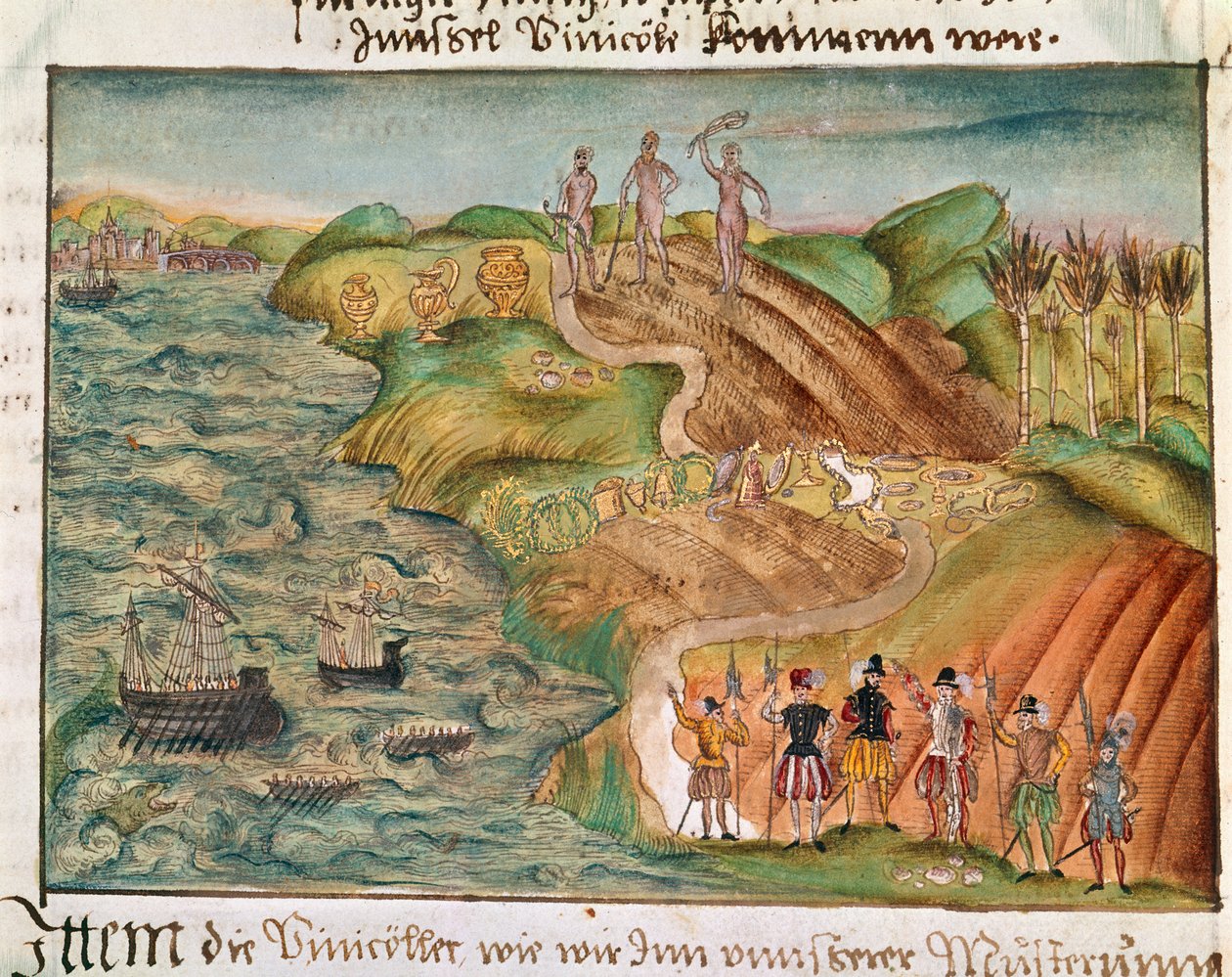 Expeditionen landar i Venezuela, från "Memoirs, biographical notes and poems, etc., of the Coeler family", c.1560-1632 (akvarell on paper) av German School