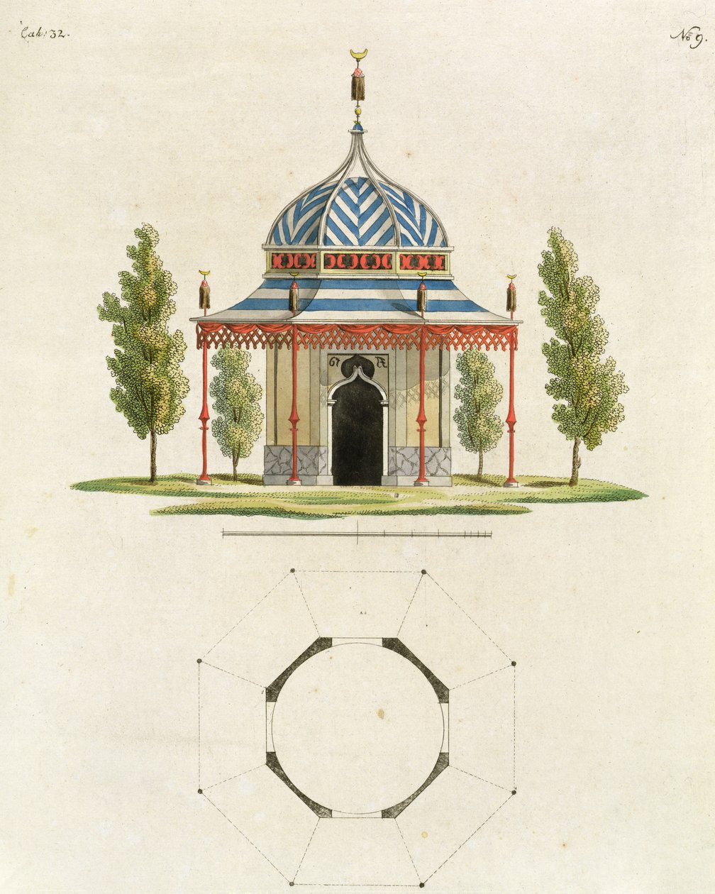 Exteriör av ett kinesiskt trädgårdstempel, från Recent New Ideas for the Garden, publicerad 1779 (färggravyr) (se även 170864) av German School