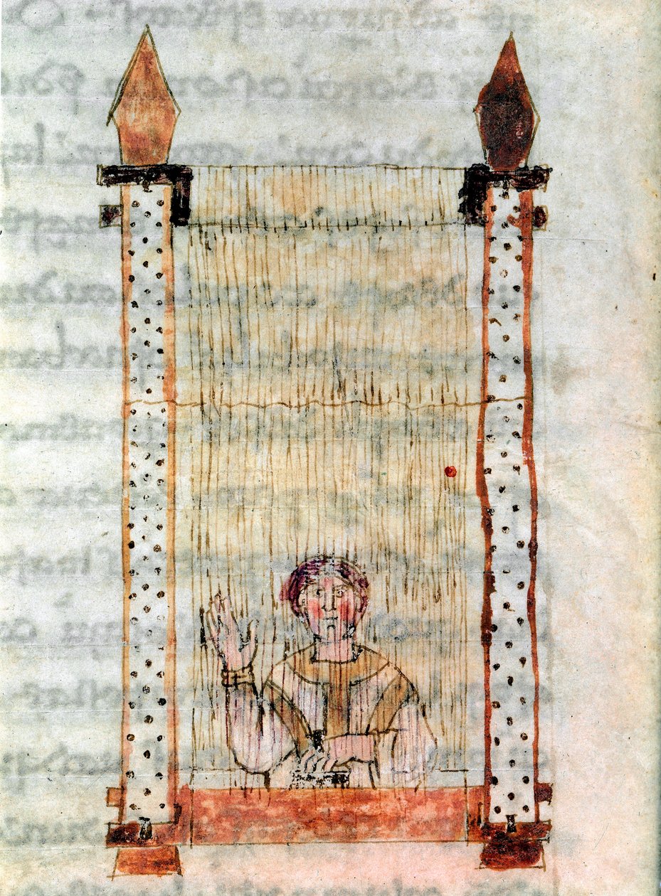 Tygarbete. Ett väveri. Miniatyr hämtad från manuskriptet "" De Universo" eller "" De rerum naturis"" (Från sakernas natur) av Rabanus Maurus Magnentius (eller Raban Maur eller Raban Mauro, ca 780-856). 9:e århundradet. Arkiv för Mount Cassino Abbey (Mo av German School
