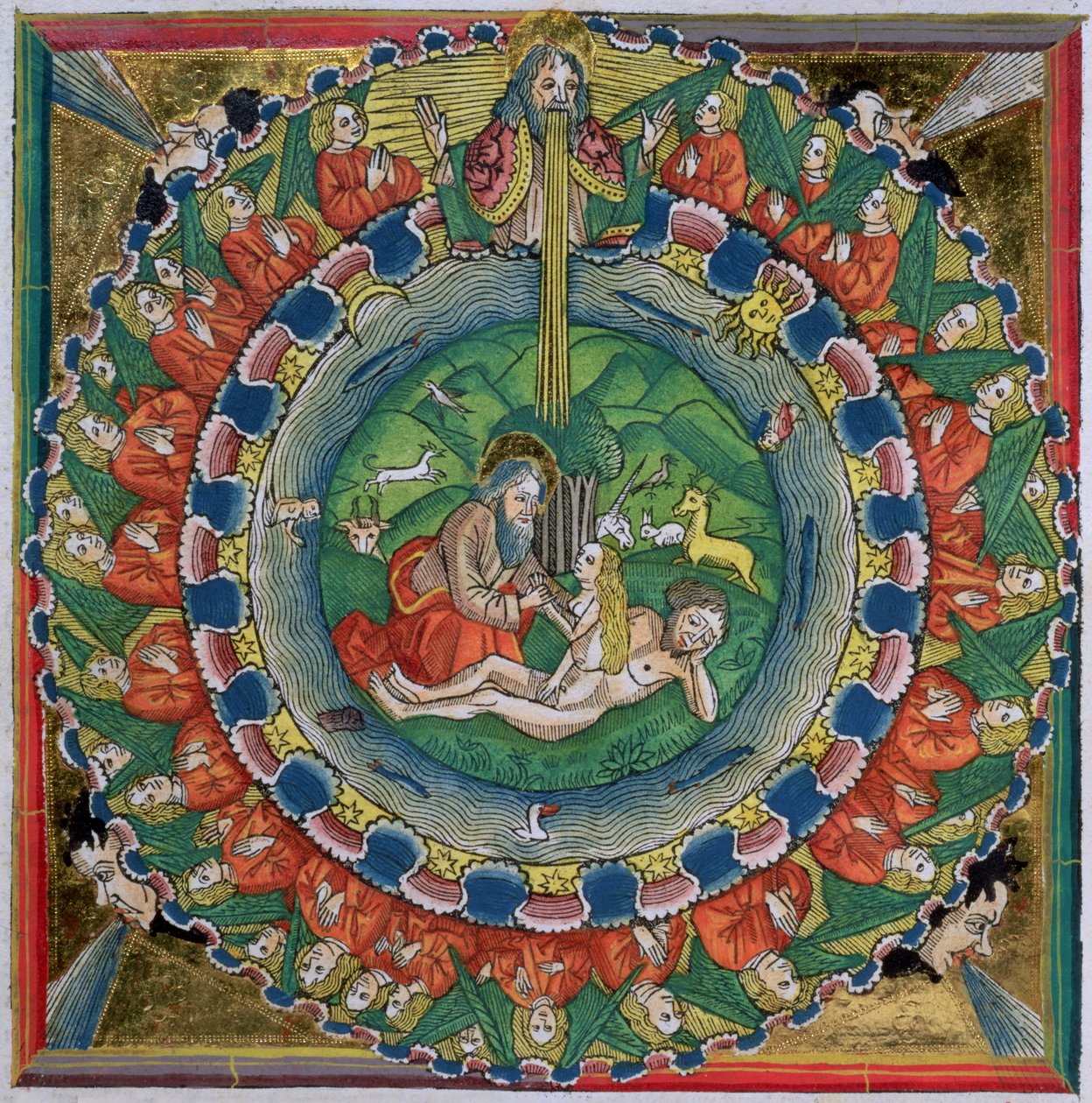 Faksimilkopia av 1 Mosebok 2:22 Gud skapade Eva, från Nürnbergbibeln (Biblia Sacra Germanaica) av German School