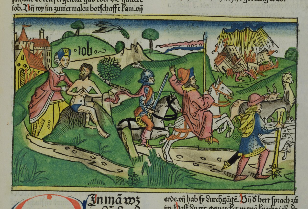 Faksimilkopia av Job: Frontispice, Job som skälldes ut av sin fru, hans hus och familj förstördes av en orkan och hans boskap stulna, från Nürnbergbibeln (Biblia Sacra Germanaica) (färgad av German School