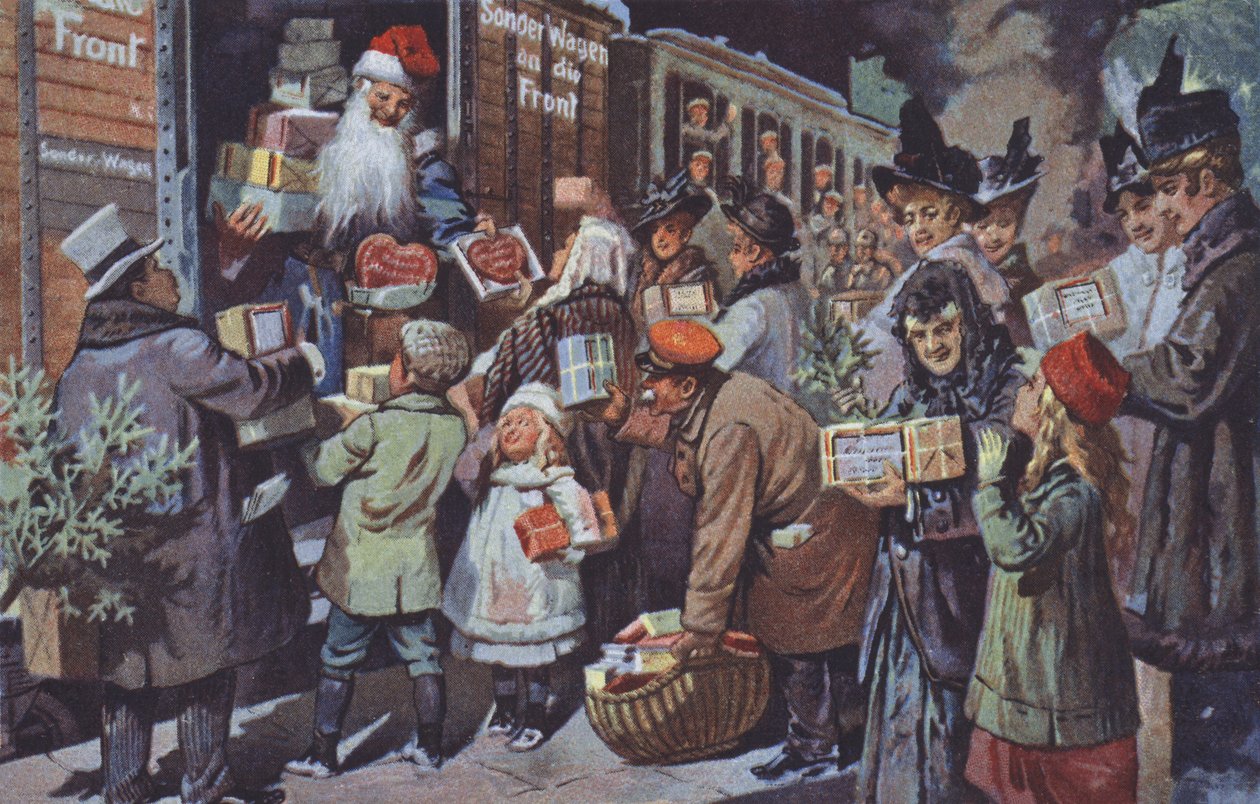 Tomten lastar paket med julklappar på ett tåg för att transportera dem till de tyska trupperna vid fronten, första världskriget (färglitografi) av German School