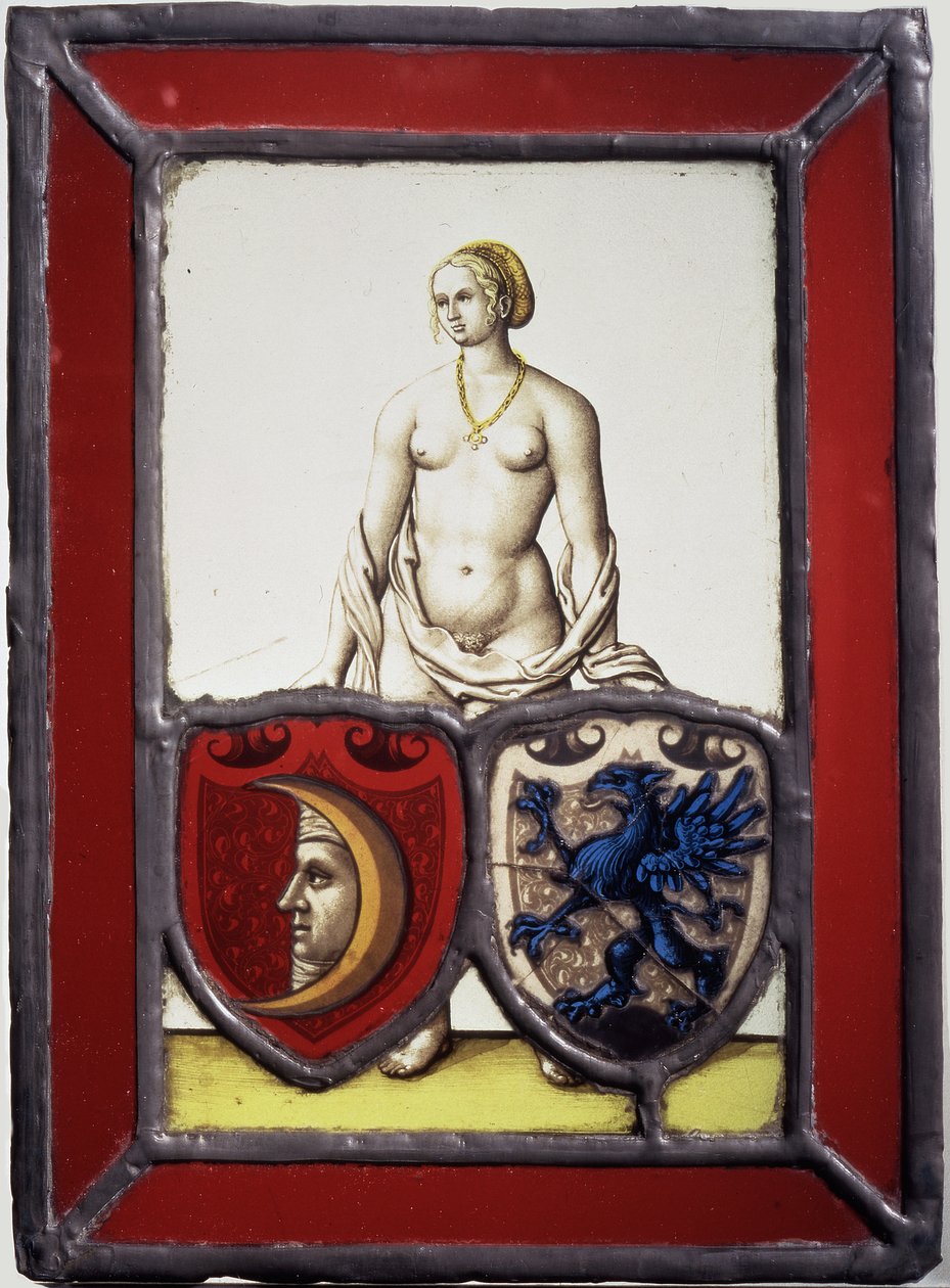 Kvinnlig naken med två heraldiska sköldar, ca 1535 (krukmetall, blästrat och klart glas, gulbets och svart glasyrfärg) av German School