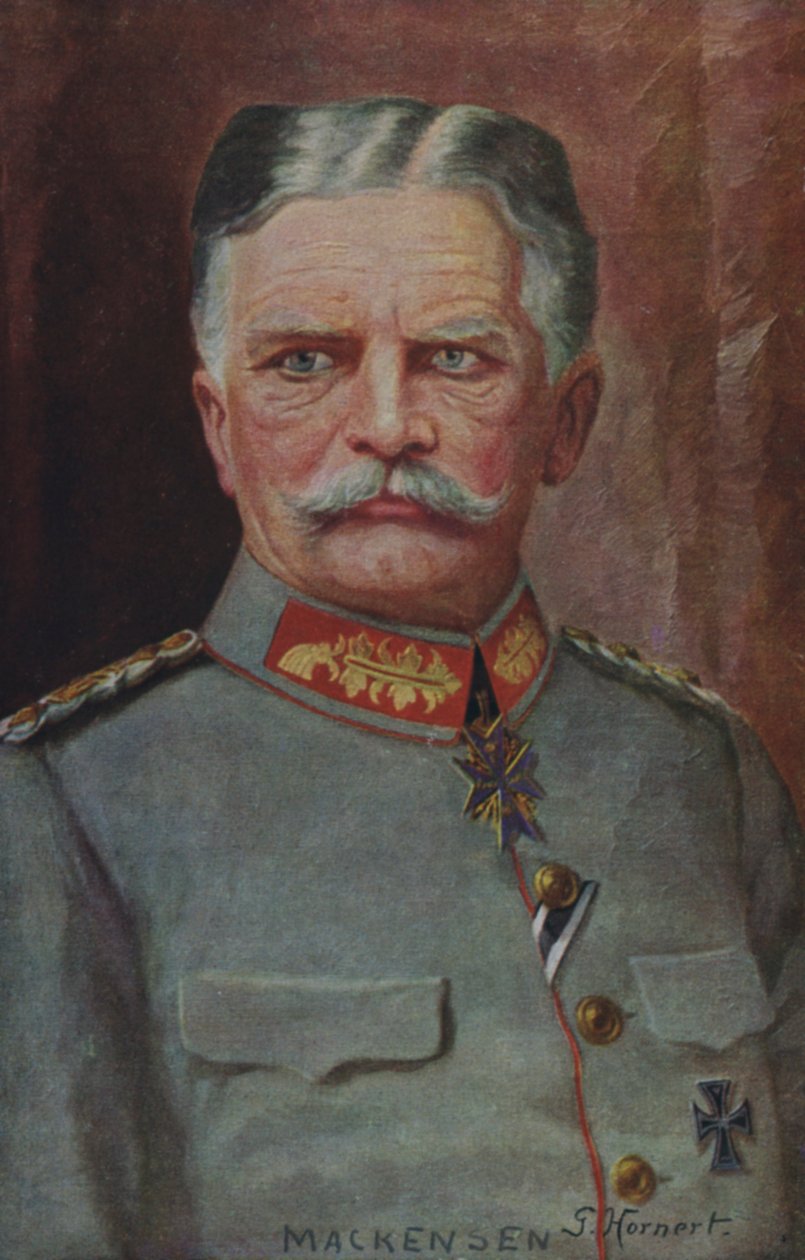 Fältmarskalk August von Mackensen, tysk militärbefälhavare under första världskriget (färglitografi) av German School