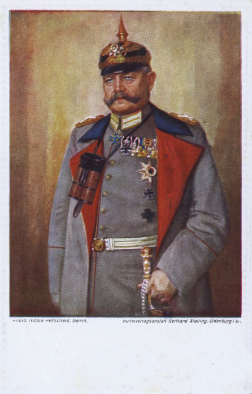Fältmarskalk Paul von Hindenburg, befälhavare för den tyska armén under första världskriget (färglitografi) av German School