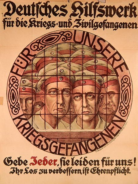 Första världskrigets affisch som uppmanar tyskarna att ge pengar för att hjälpa tyska krigsfångar (färg litho) av German School
