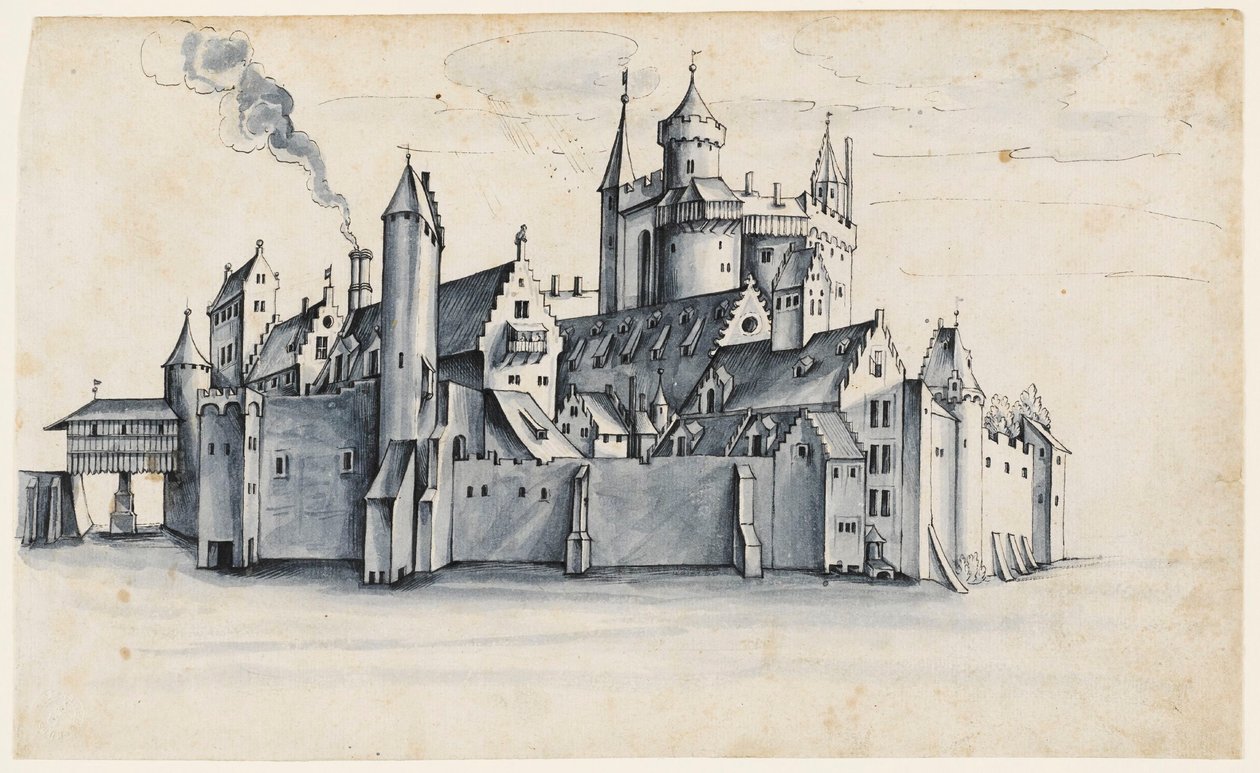 Befäst stad omgiven av vatten (penna  bläck med blå pensel) av German School