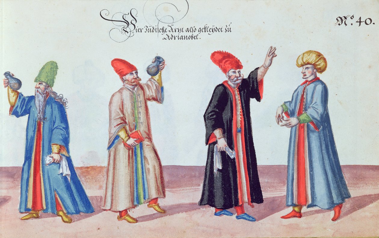 Fyra judiska läkare från Adrianople, Turkiet, ca 1600 (wc på papper) av German School