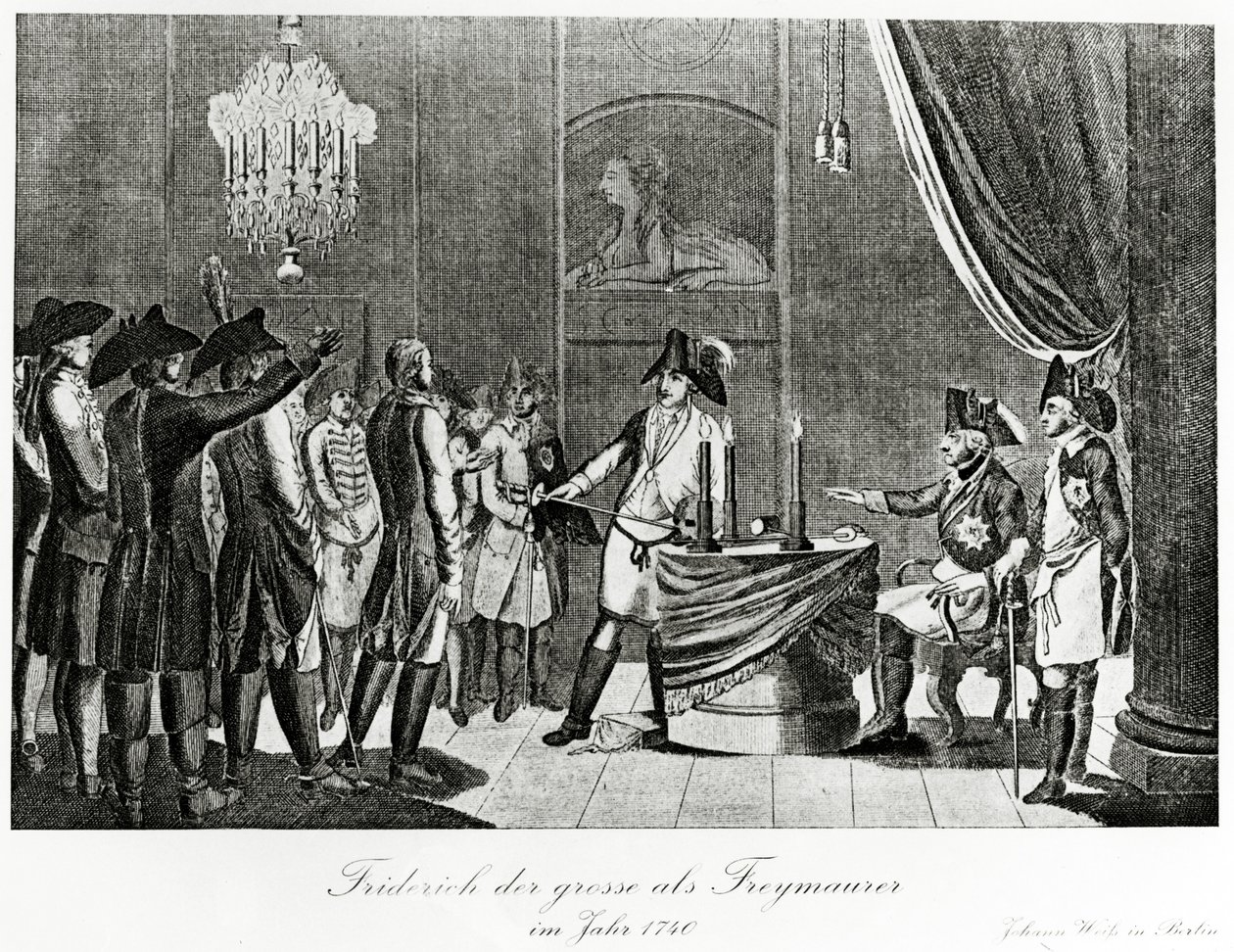 Fredrik den Store tar emot sin svåger Fredrik, markgreve av Brandenburg-Bayreuth som frimurare i Berlin 1740 av German School