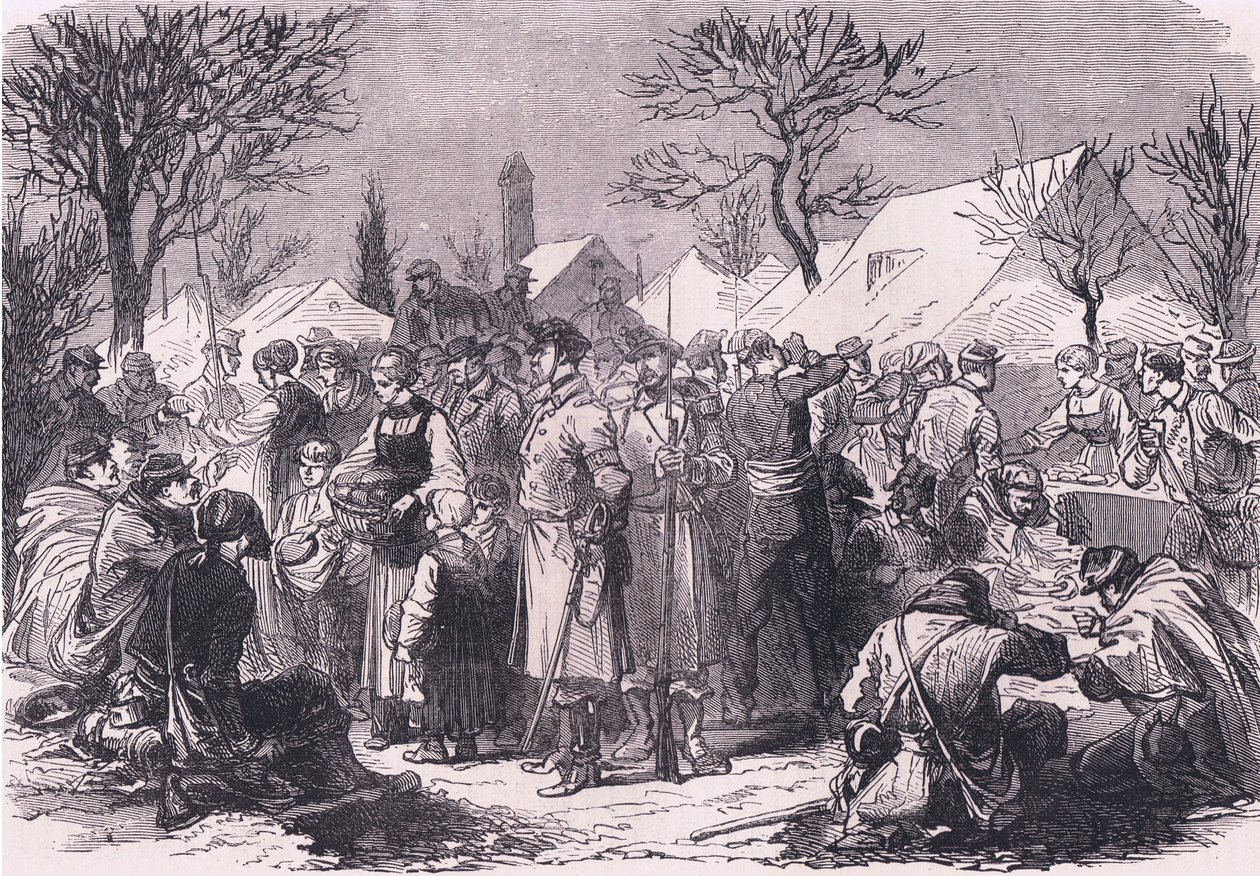 Franska flyktiga soldater i Schweiz, Cassells historia om kriget mellan Frankrike och Tyskland publicerad av Cassell and Company Limited, ca 1890 (litho) av German School
