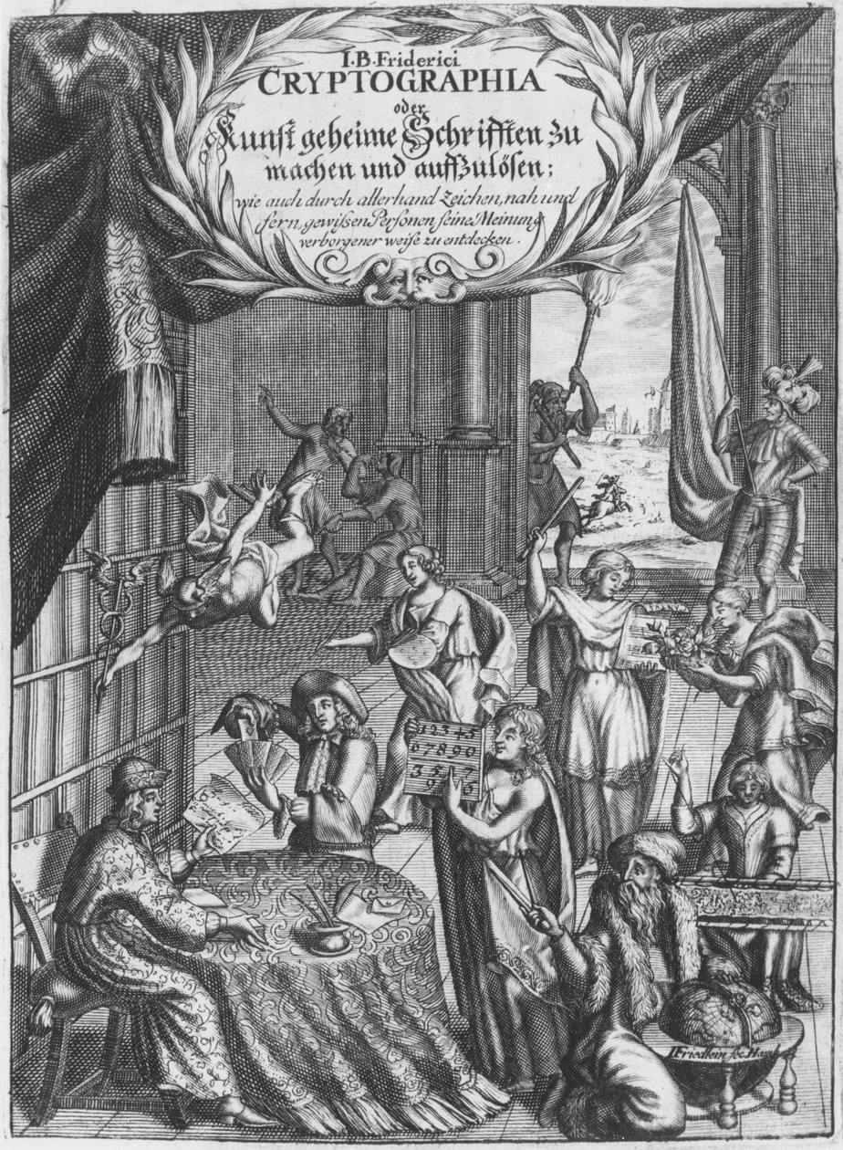 Frontispice, illustration från Cryptographia, eller hemliga skrifter av Johann Balthasar Friderici, graverad av Johan Friedlein (1600-talet) publicerad i Hamburg, 1685 av German School