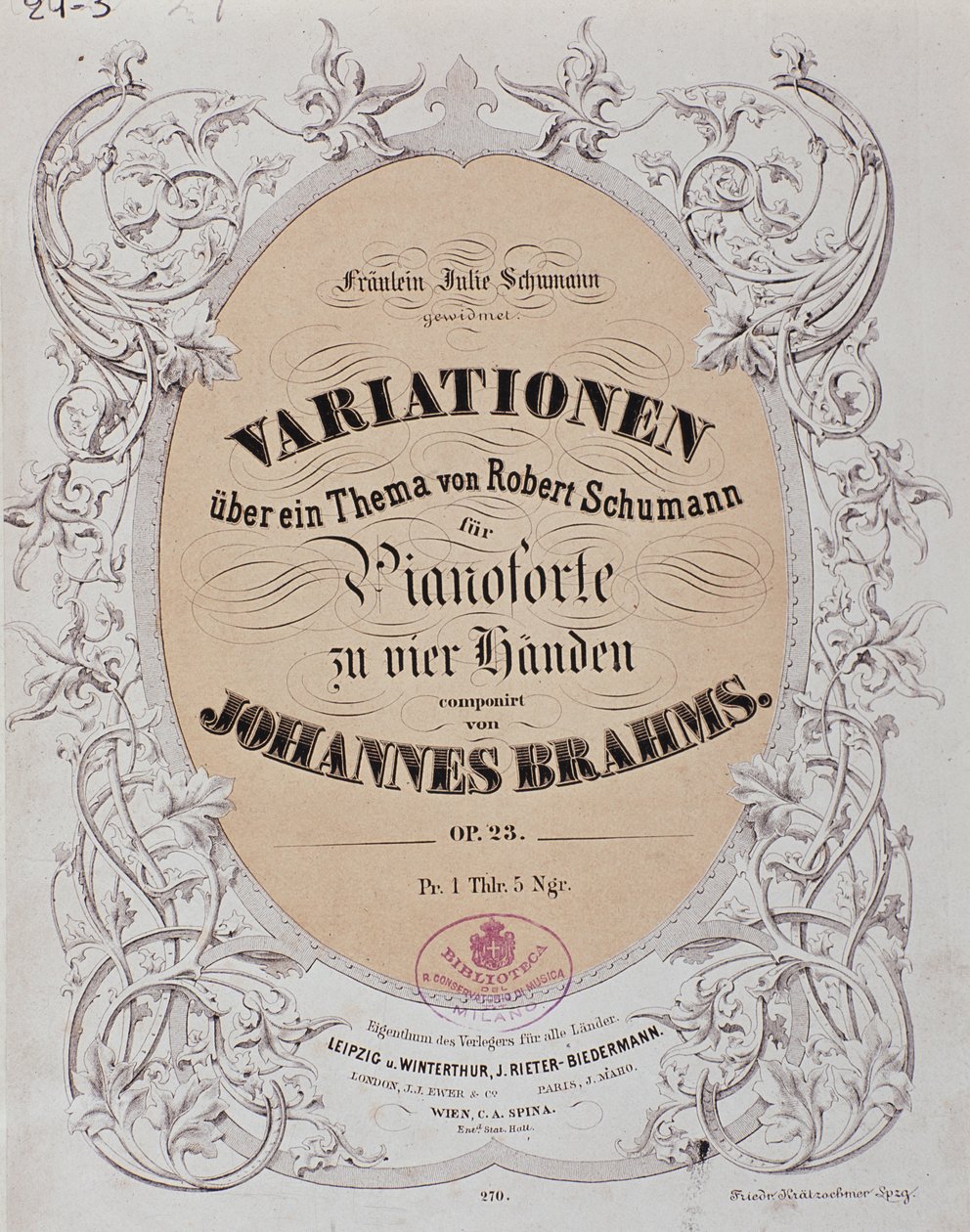 Frontispice av "Variationer på ett tema av Robert Schumann" (Op. 23) av Johannes Brahms (1833-1897) av German School