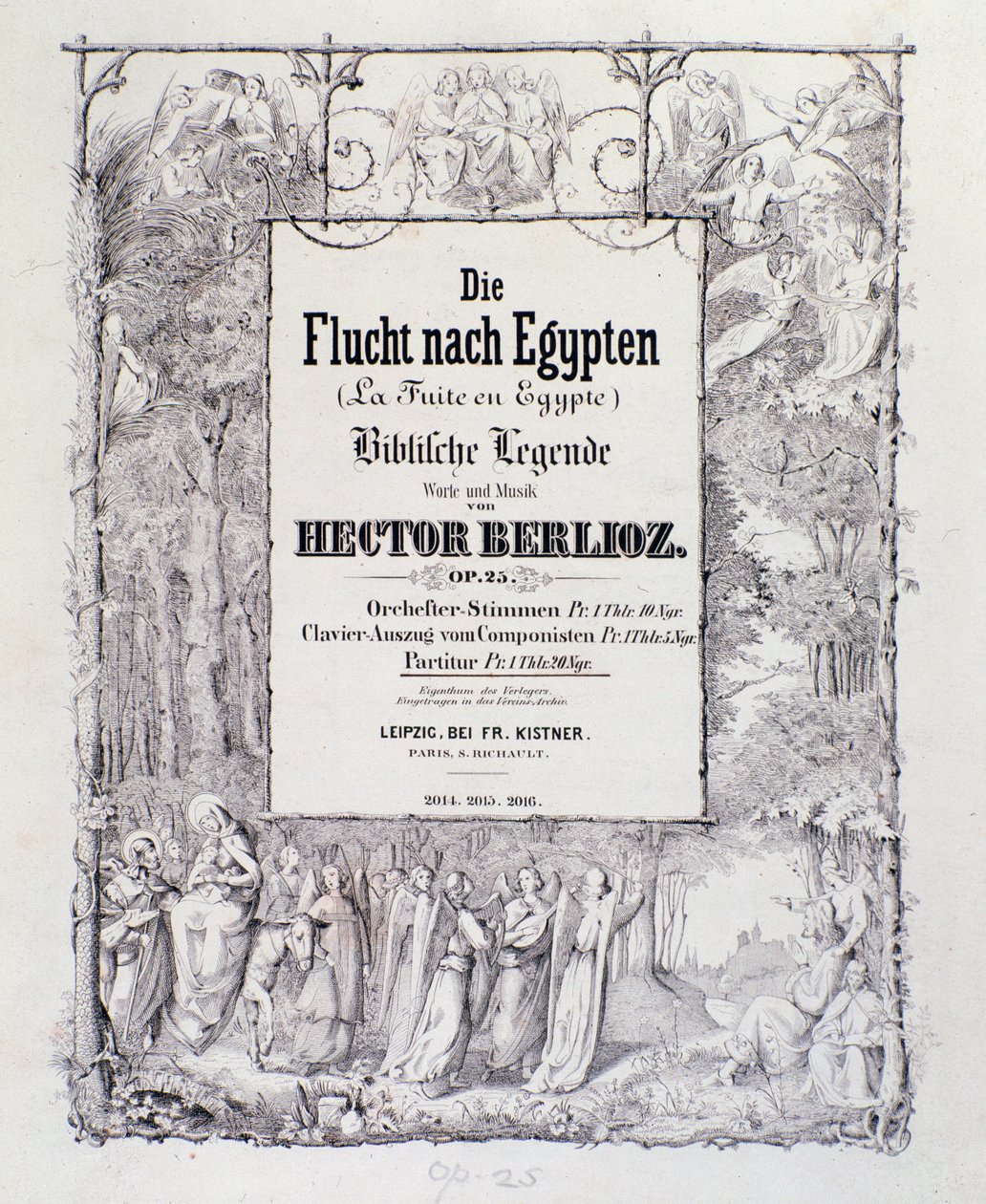 Frontispice av musikaliska partitur av tyska utgåvan av "" Flygningen till Egypten, opus 25"" ouvertyr av den franske romantiska kompositören Hector Berlioz av German School