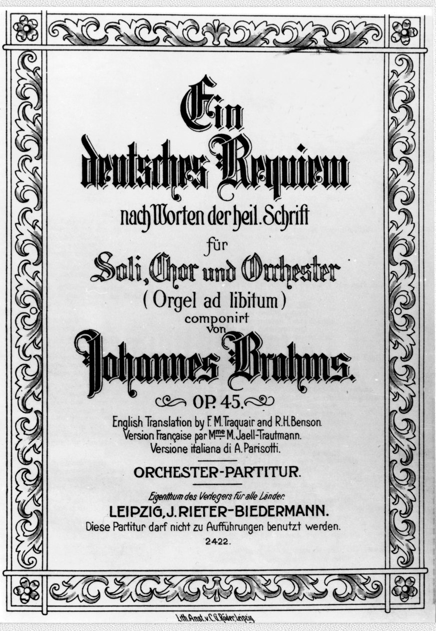Frontispice av det tyska rekviem av Johannes Brahms (1833 - 1897) (litho) av German School
