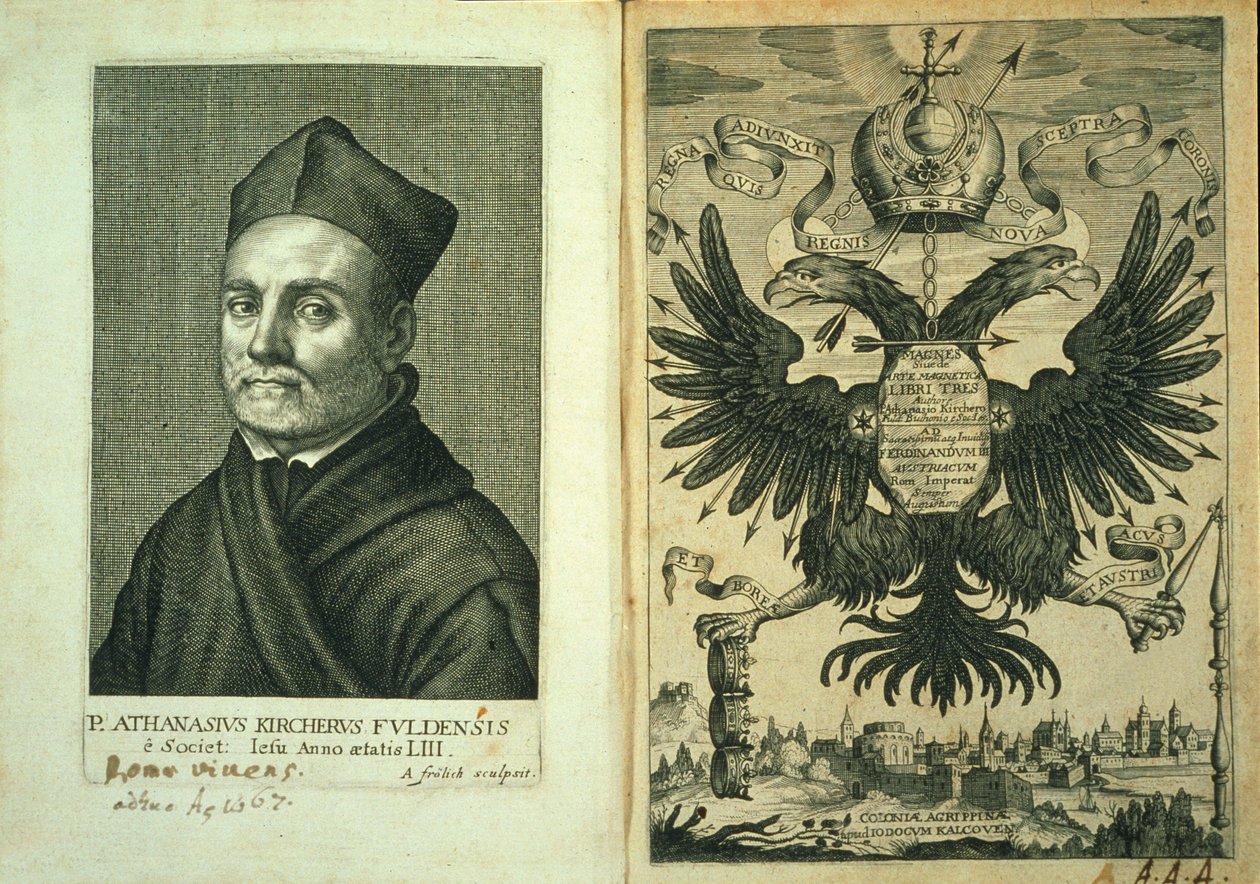 Frontispice till Magnes eller trepartsverkets magnetiska konst av Athanasius Kircher, 1643 av German School