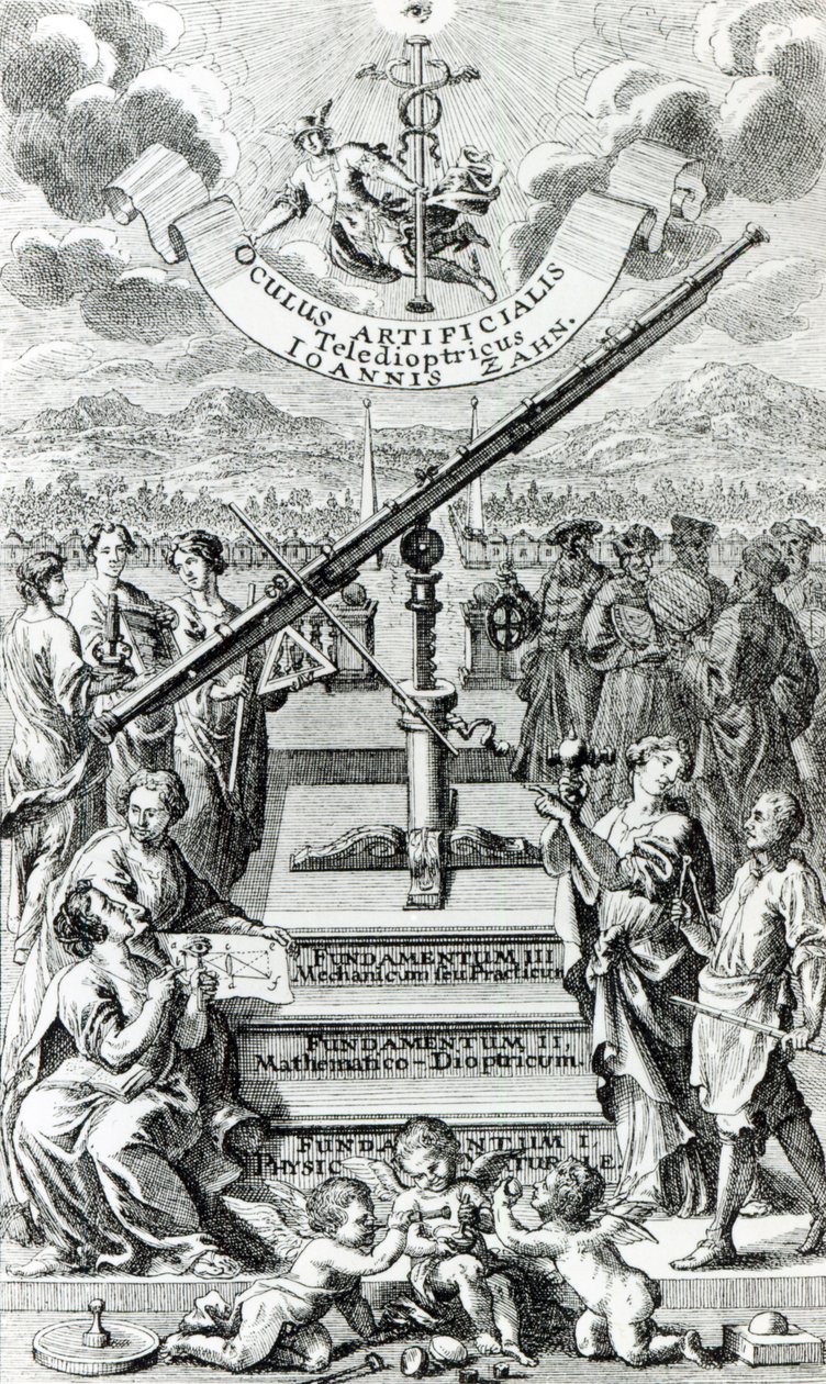 Frontispice till Oculus Artificialis Teledioptricus Sive Telescopium av Johann Zahn, 2:a upplagan publicerad 1702 av German School