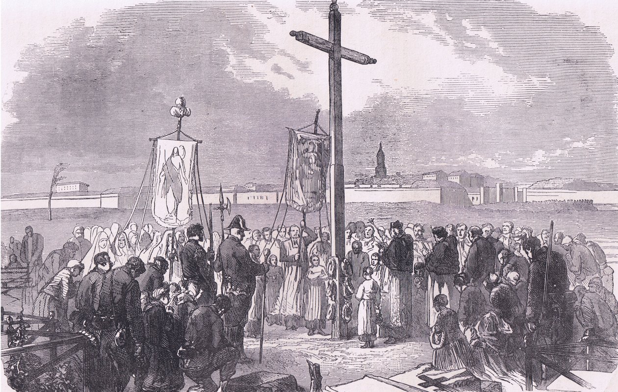Begravningsceremoni över franska soldater dödade under belägringen av Paris, Cassells historia om kriget mellan Frankrike och Tyskland publicerad av Cassell and Company Limited, ca 1890 (litho) av German School