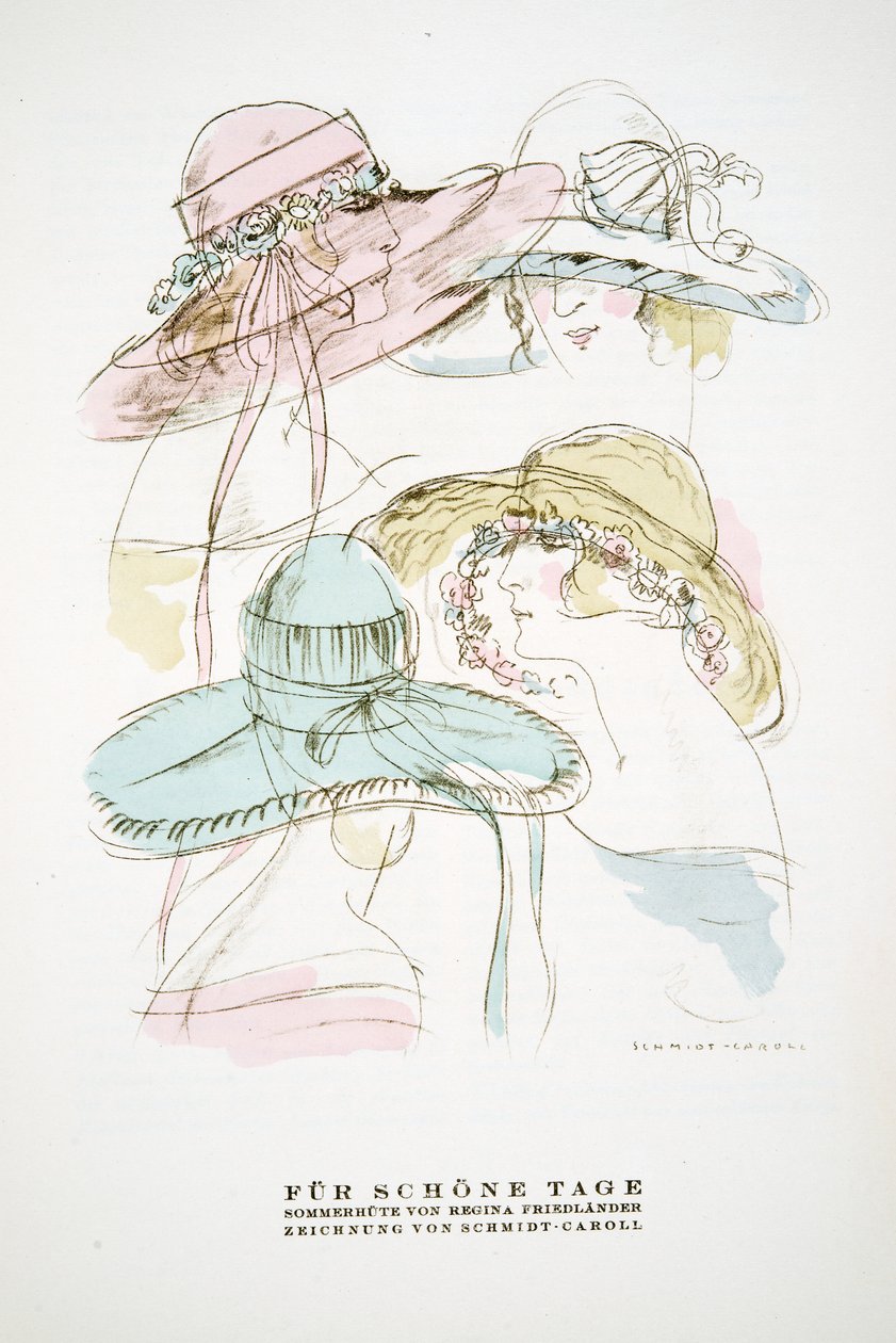 "Fur Schone Tage", annons för sommarhattar från Regina Friedlander, ur Styl, utg.1922 (pochoirtryck) av German School