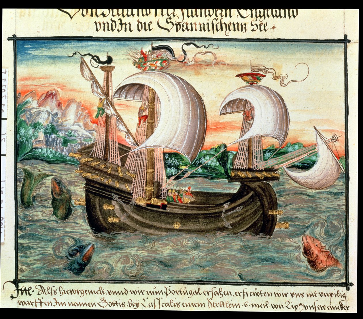Galjon i full segel på väg till Portugal, illustrerad av familjen Color (eller Keller) i Nürnberg (vellum) av German School