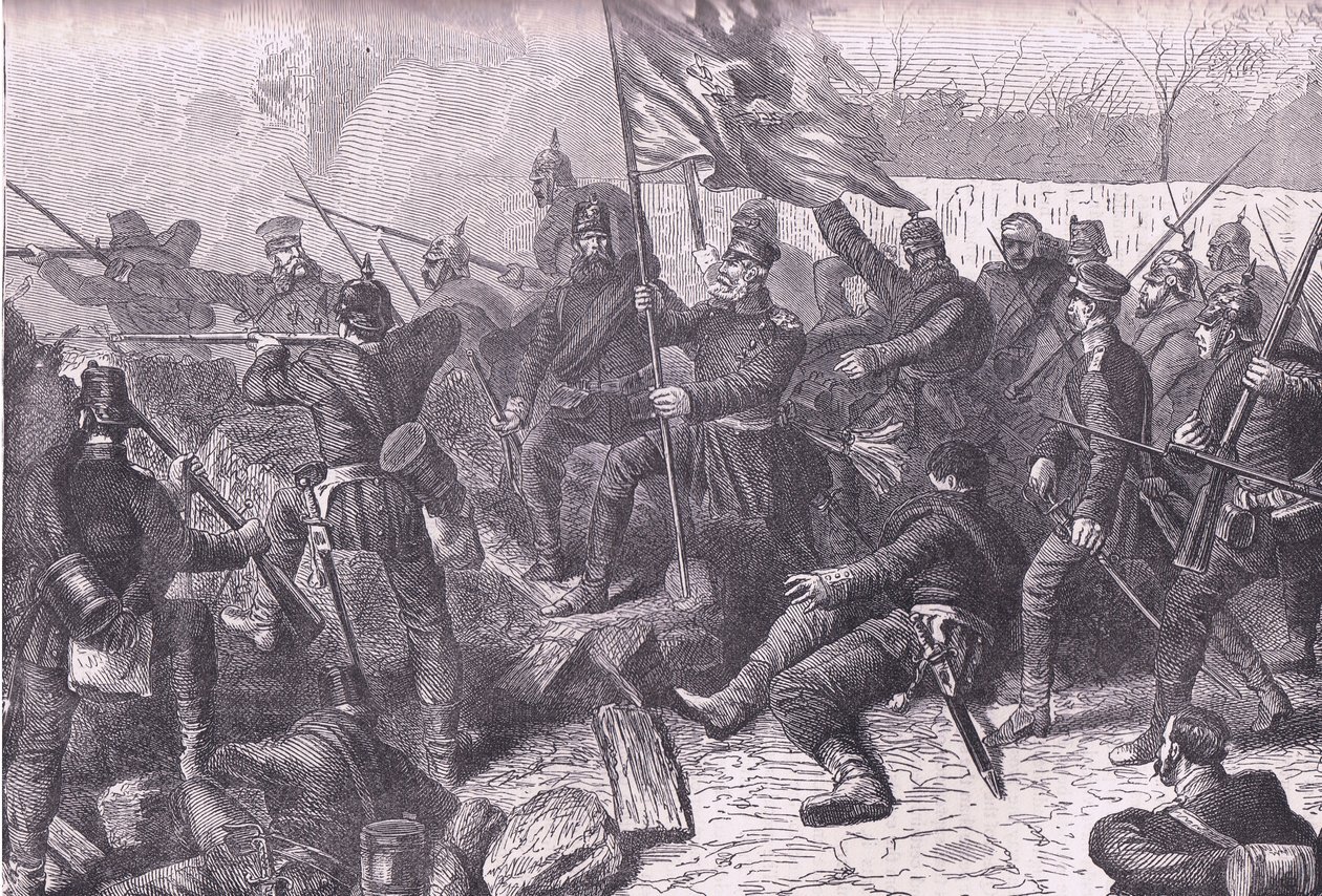 General von Budretzky ledde attacken mot Le Bourget, Cassells History of the War between France and Germany publicerad av Cassell and Company Limited, ca 1890 (litho) av German School