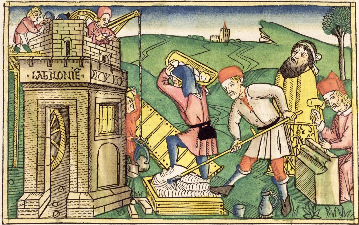 Första Mosebok 11 1-9 Bygga Babels torn, från Nürnbergbibeln (Biblia Sacra Germanaica) (färgat träsnitt) av German School