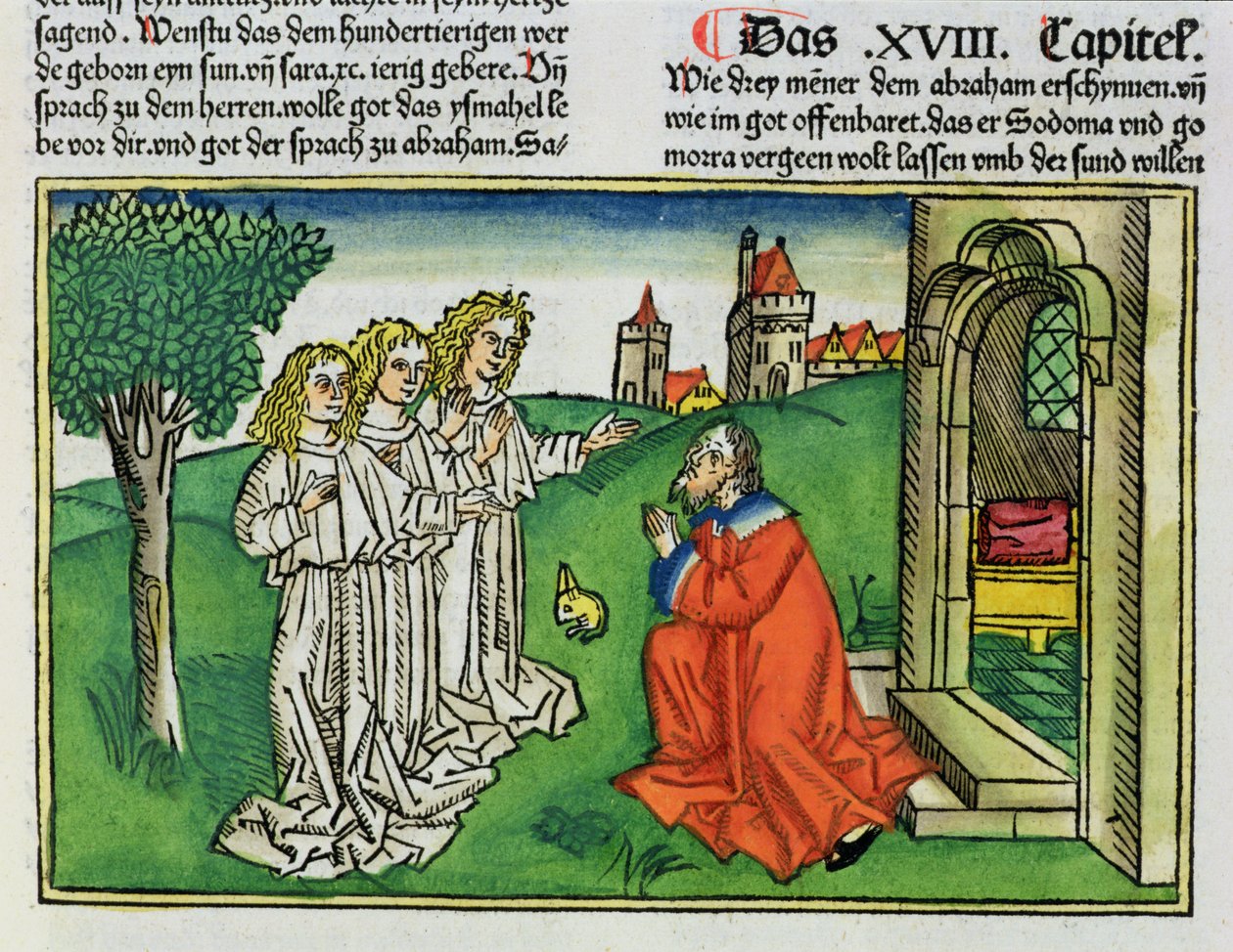 Första Mosebok 18 2 Abraham och de tre änglarna, från Nürnbergbibeln (Biblia Sacra Germanaica) (färgat träsnitt) av German School