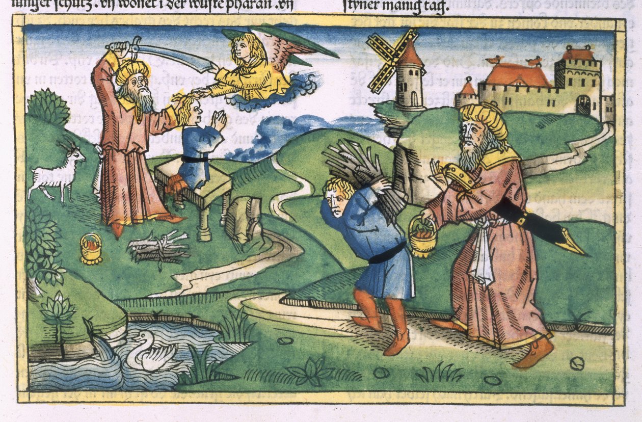 Första Mosebok 21 1-14 Abrahams offrar av Isak, från Nürnbergbibeln (Biblia Sacra Germanaica) (färgat träsnitt) av German School