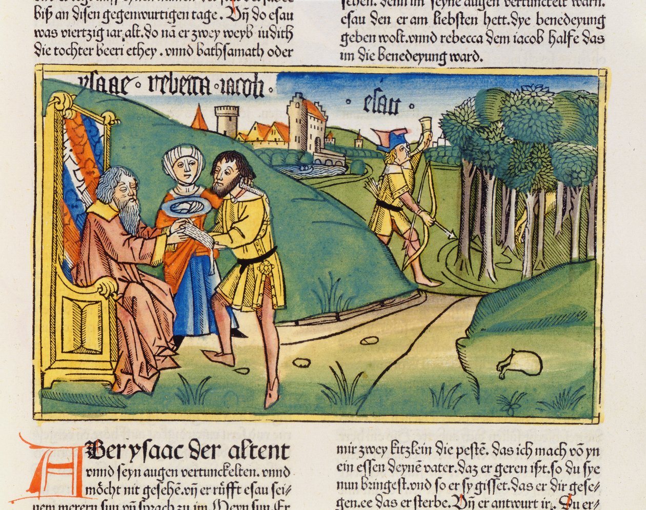 Första Mosebok 27 6-29 Jakob får Isaks välsignelse, från Nürnbergbibeln (Biblia Sacra Germanaica) (färgat träsnitt) av German School