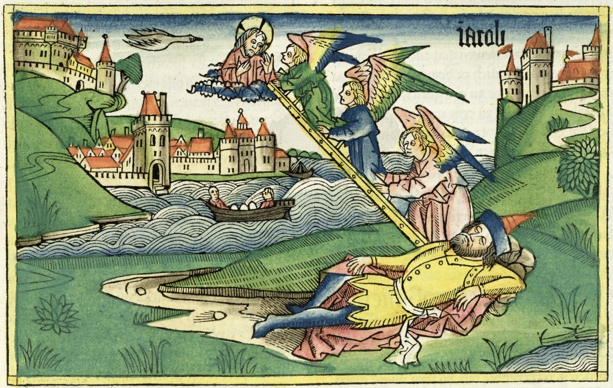 Genesis 28 10 Jacobs Ladder, från Nürnbergbibeln (Biblia Sacra Germanaica) (färgat träsnitt) av German School