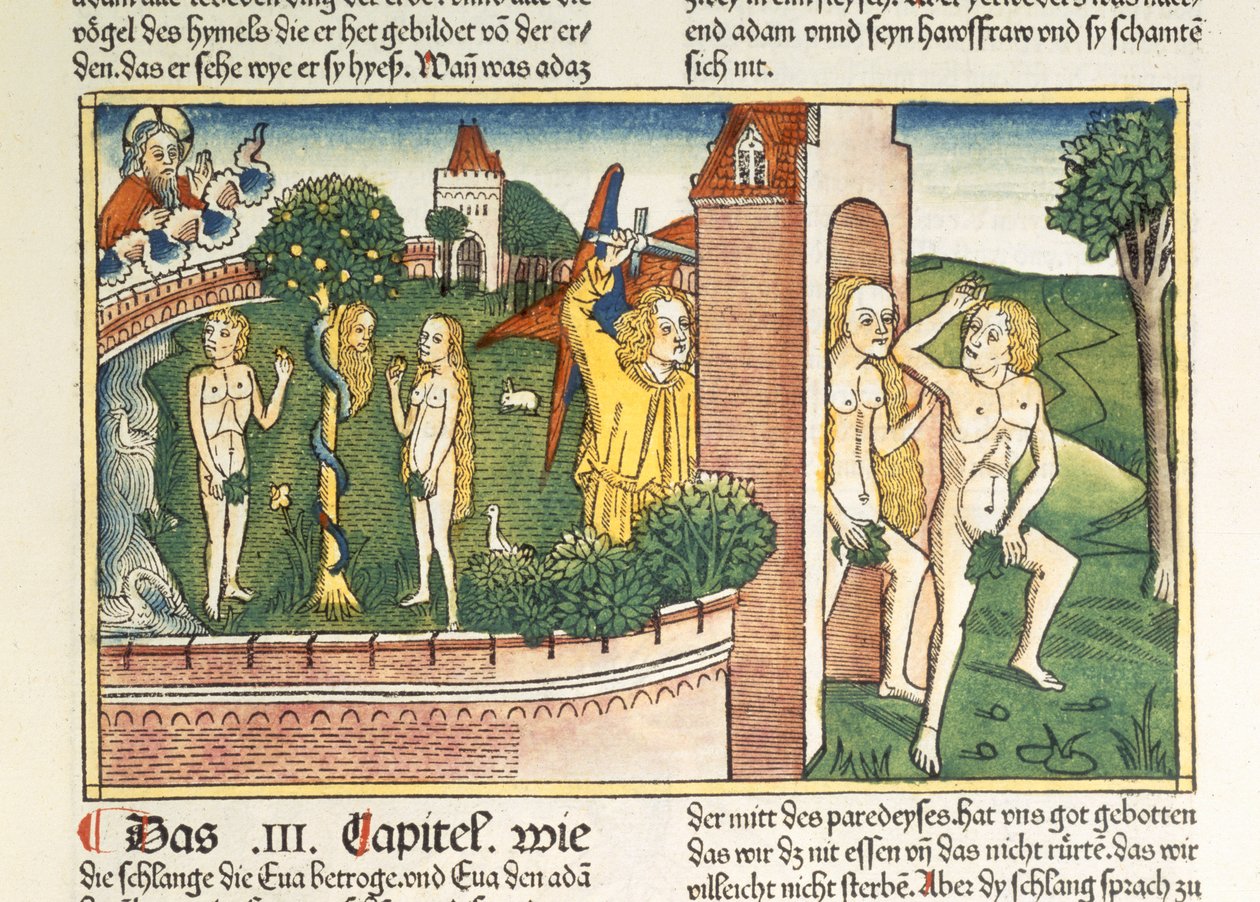 Första Mosebok 3 1-24 Frestelsen och utdrivningen från paradiset, från Nürnbergbibeln (Biblia Sacra Germanaica) (färgat träsnitt) av German School