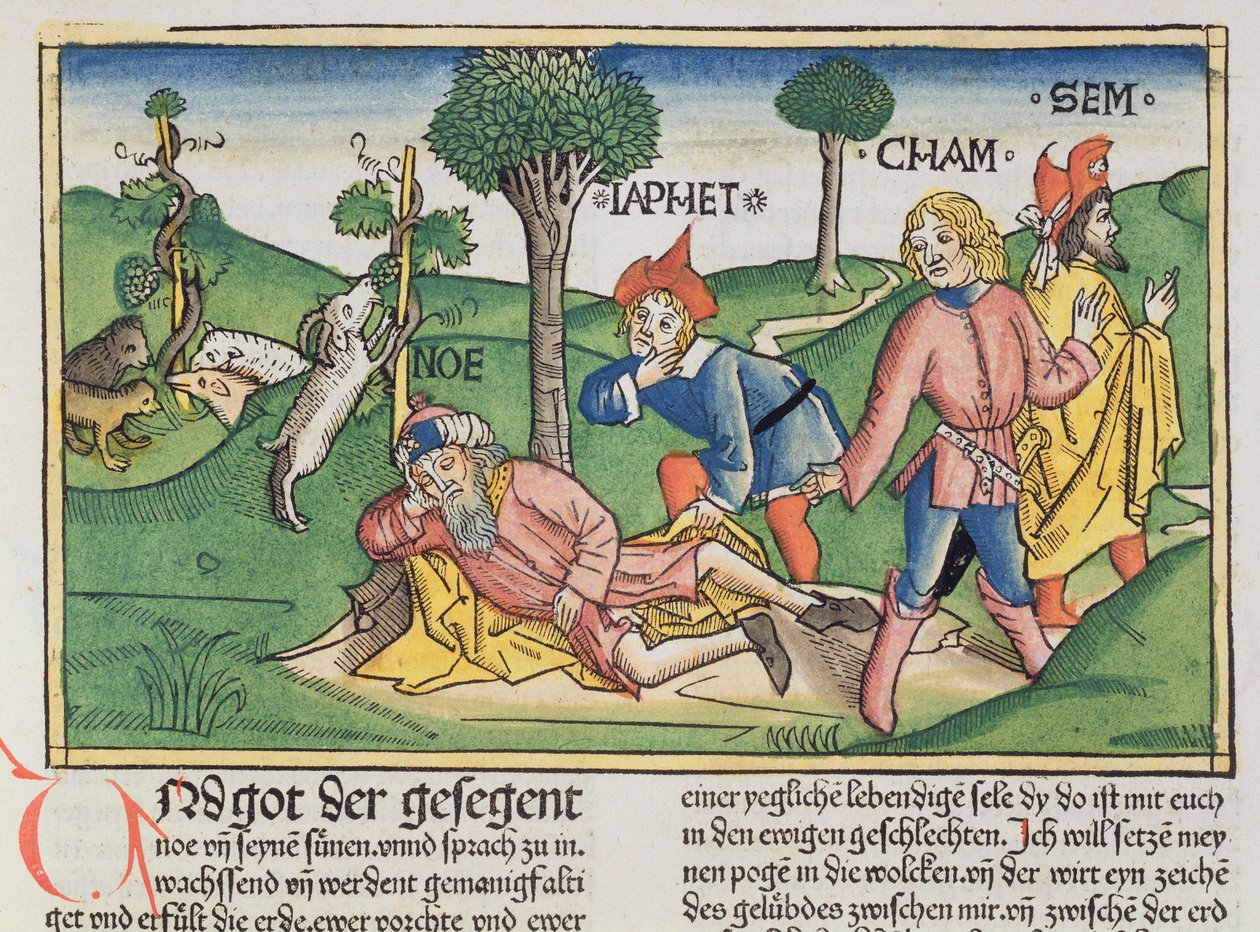 1 Mosebok 9 20-27 Noa täckt med en mantel av sina söner Sem, Ham och Japeth, från Nürnbergbibeln (Biblia Sacra Germanaica) (färgat träsnitt) av German School