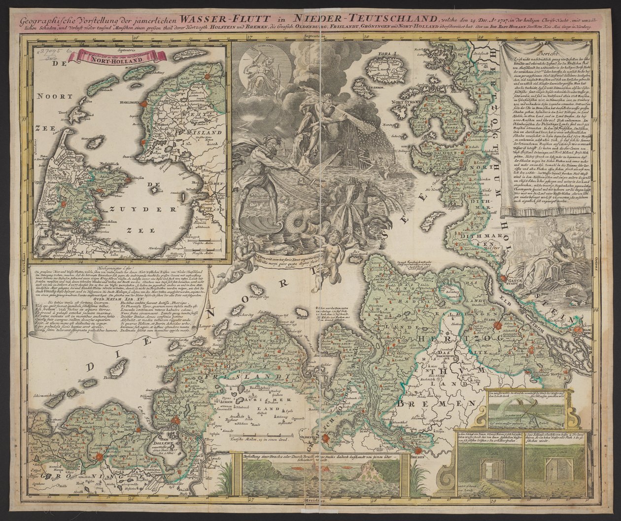 Geografisk presentation av den eländiga vattenöversvämningen i Nedre Tyskland, som ägde rum den 25 december 1717, ca 1718 (tryck) av German School