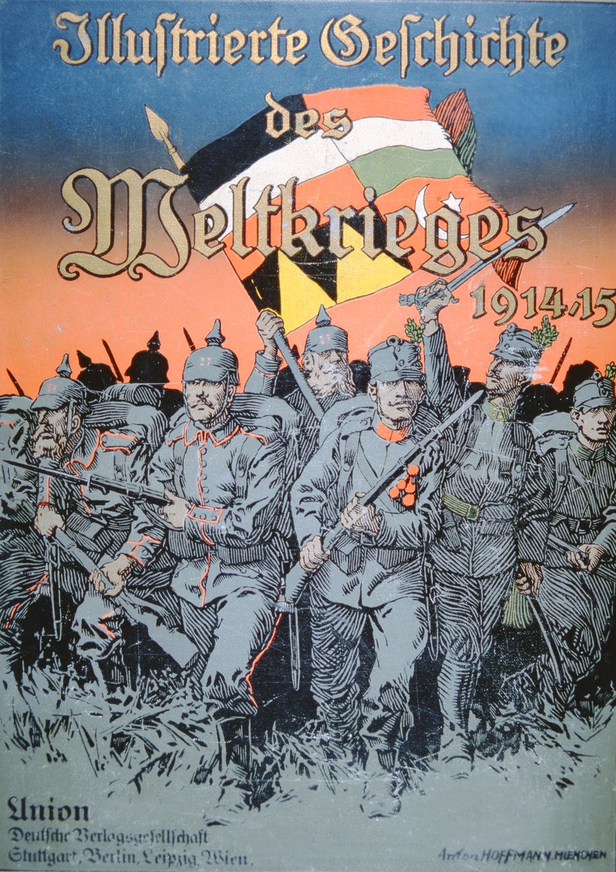 Tyska och österrikisk-ungerska trupper avancerar axel vid axel, omslaget till den illustrerade boken om världskriget 1914-15 av German School