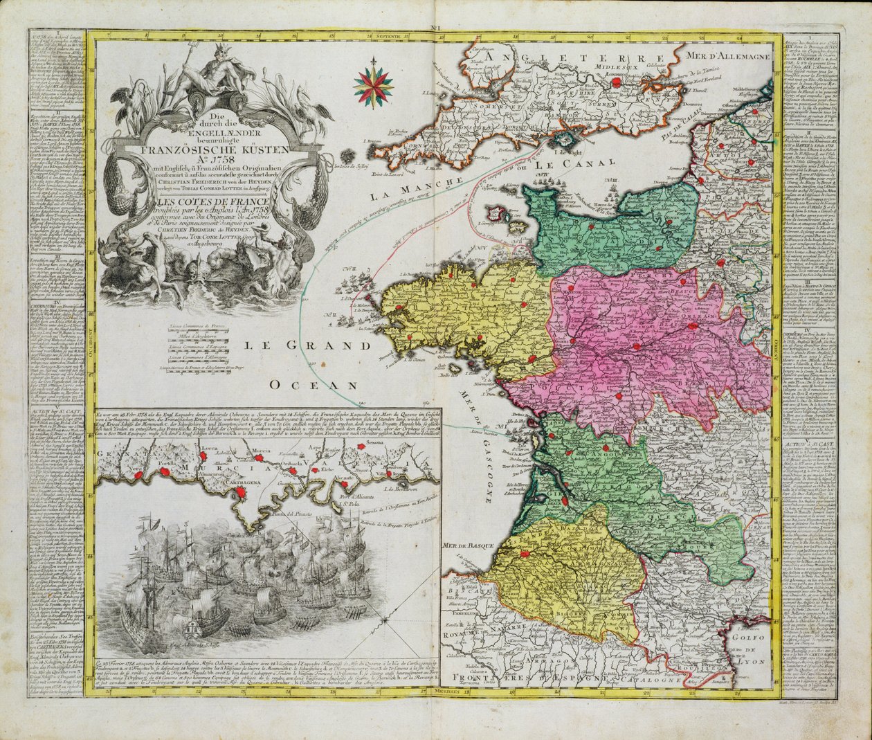 Tysk karta som visar engelska flottangrepp på franska hamnar 1758 av German School