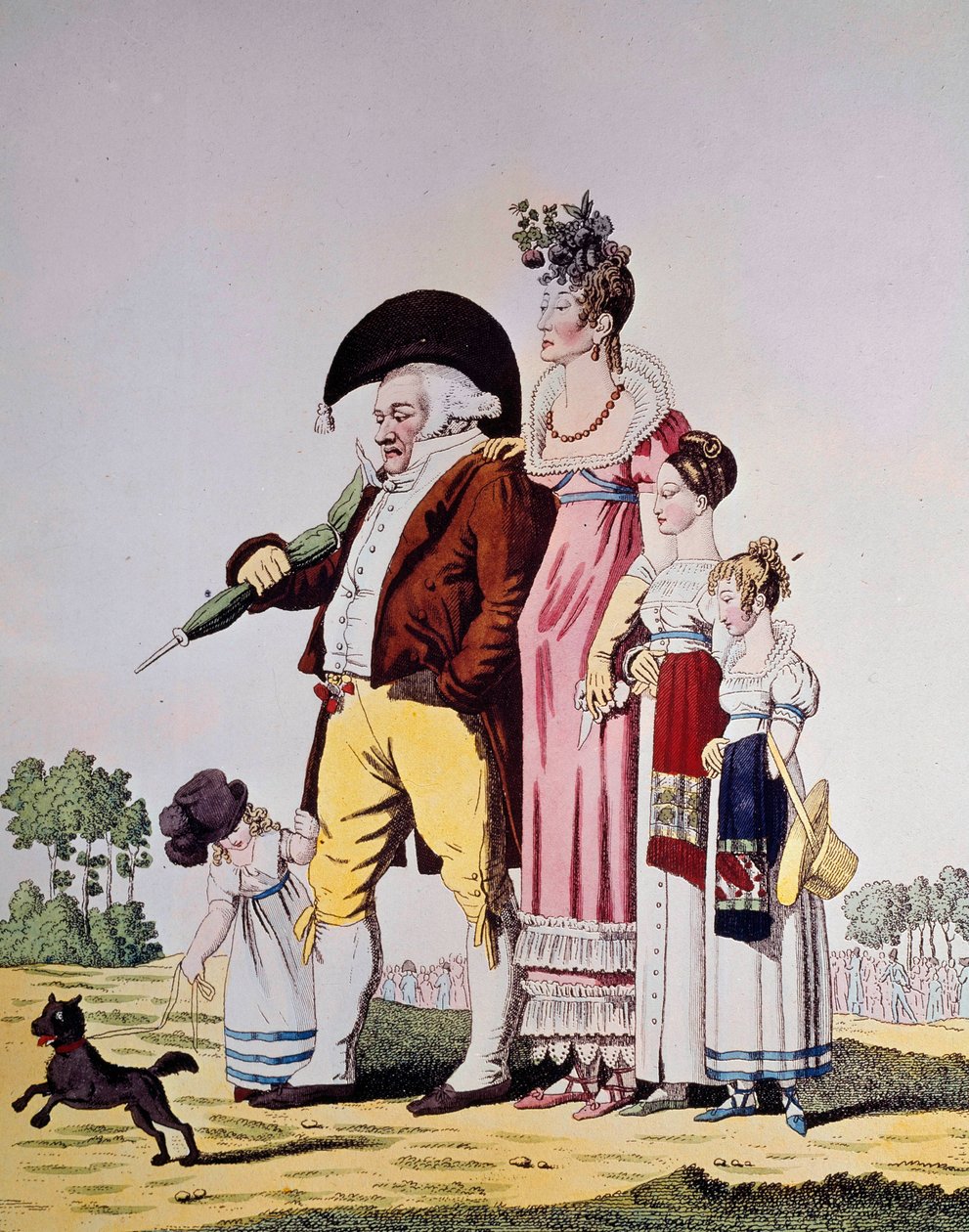 Tysk borgerlig promenad på söndag Karikatyr som föreställer en tysk familj i söndagsdräkt. Gravyr av 1800-talet. Berlin. Konstbibliothek av German School
