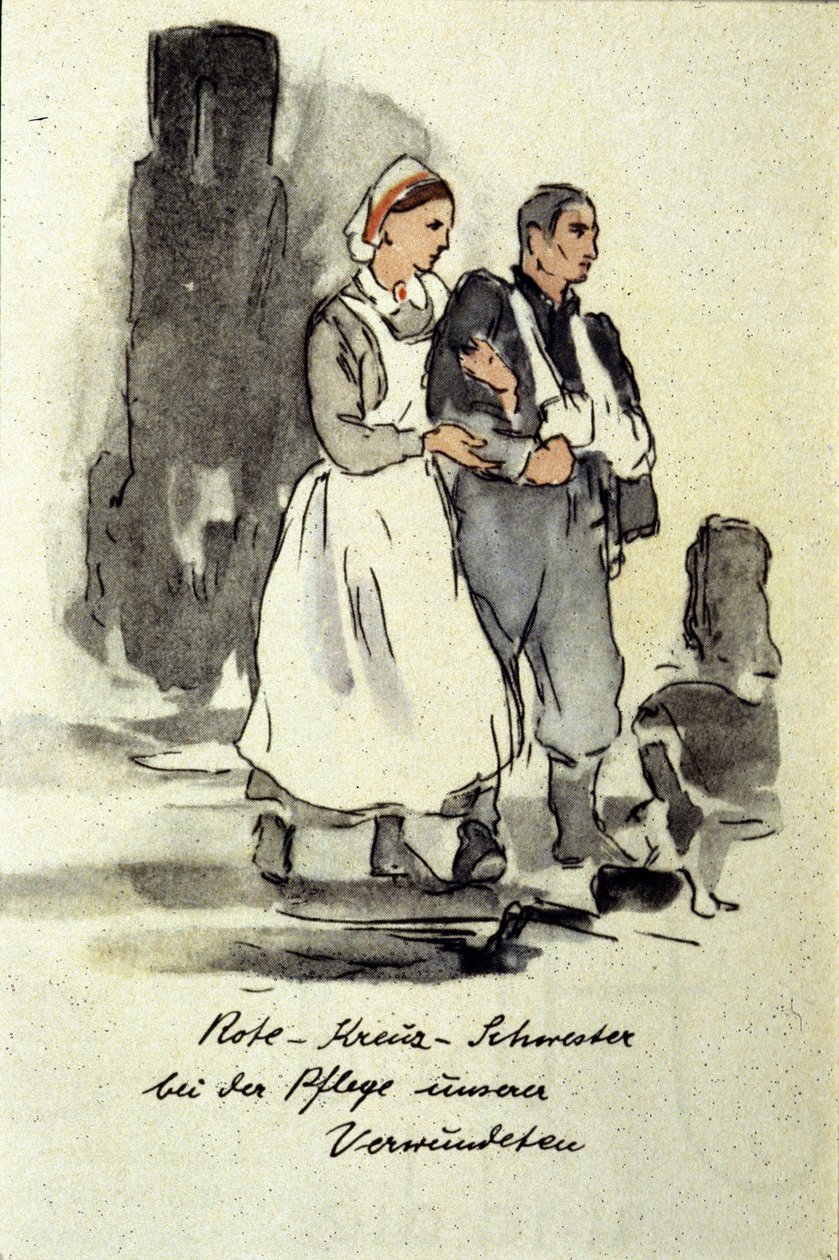 Tysk sjuksköterska stödjer en skadad man. 1942. av German School