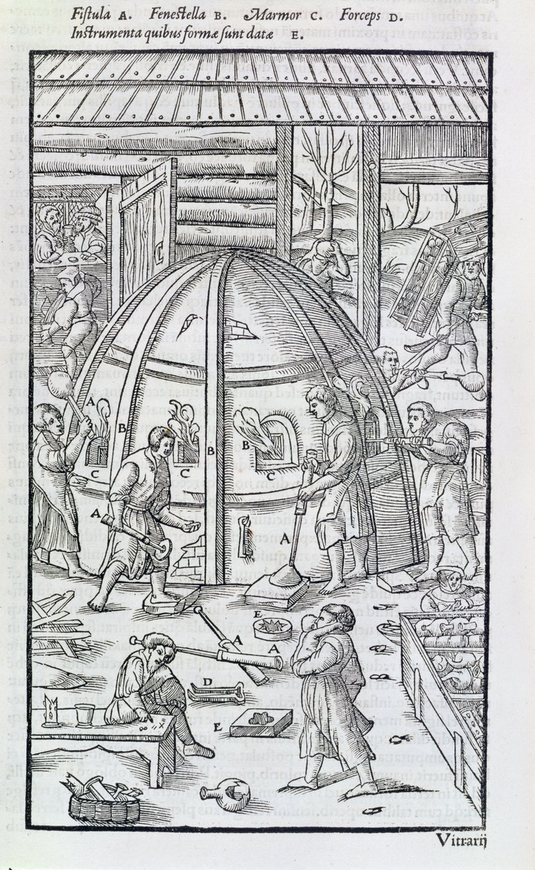 Glasbruk, illustration som visar marmorugnen och glasblåsare (träsnitt) av German School