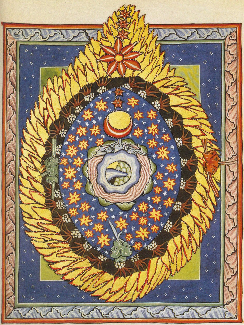 Gud, kosmos och mänskligheten. Miniatyr från Liber Scivias av Hildegard från Bingen, c.1175 (akvarell vid pergament) av German School