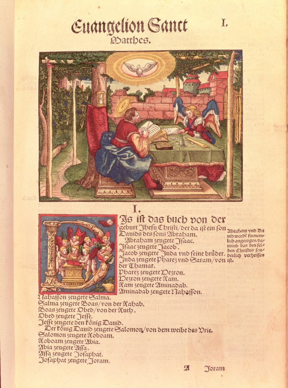 Matteusevangeliet, bok I, från Lutherbibeln, ca 1530 (färgat träsnitt) av German School