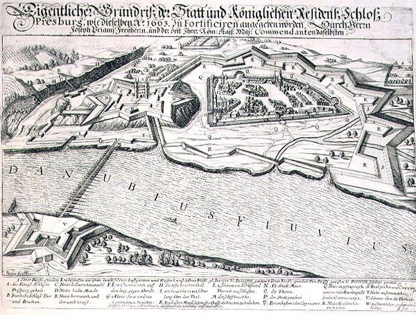 Grundplan över staden och slottet Pressburg och dess befästningar 1663, illustration från en bok om de osmanska fälttågen i Europa, graverad av Paul Furst (ca 1605-66) (gravyr) av German School