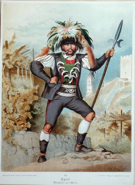 Vakta vingårdarna i Meran i Tyrolen (färg litho) av German School