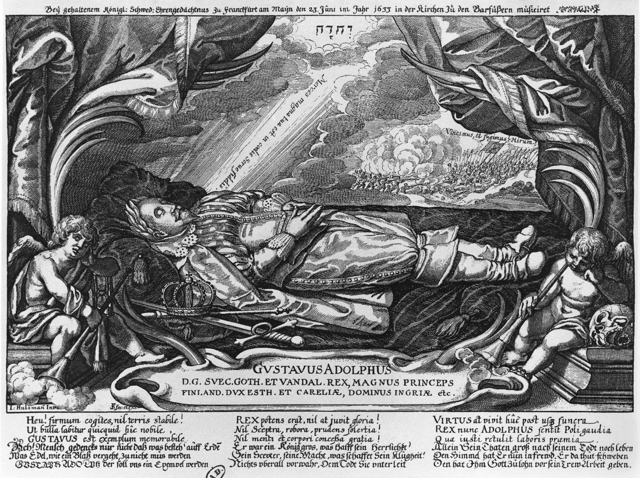 Gustav Adolf II (1594-1632) kung av Sverige, på sin dödsbädd, 1633 av German School