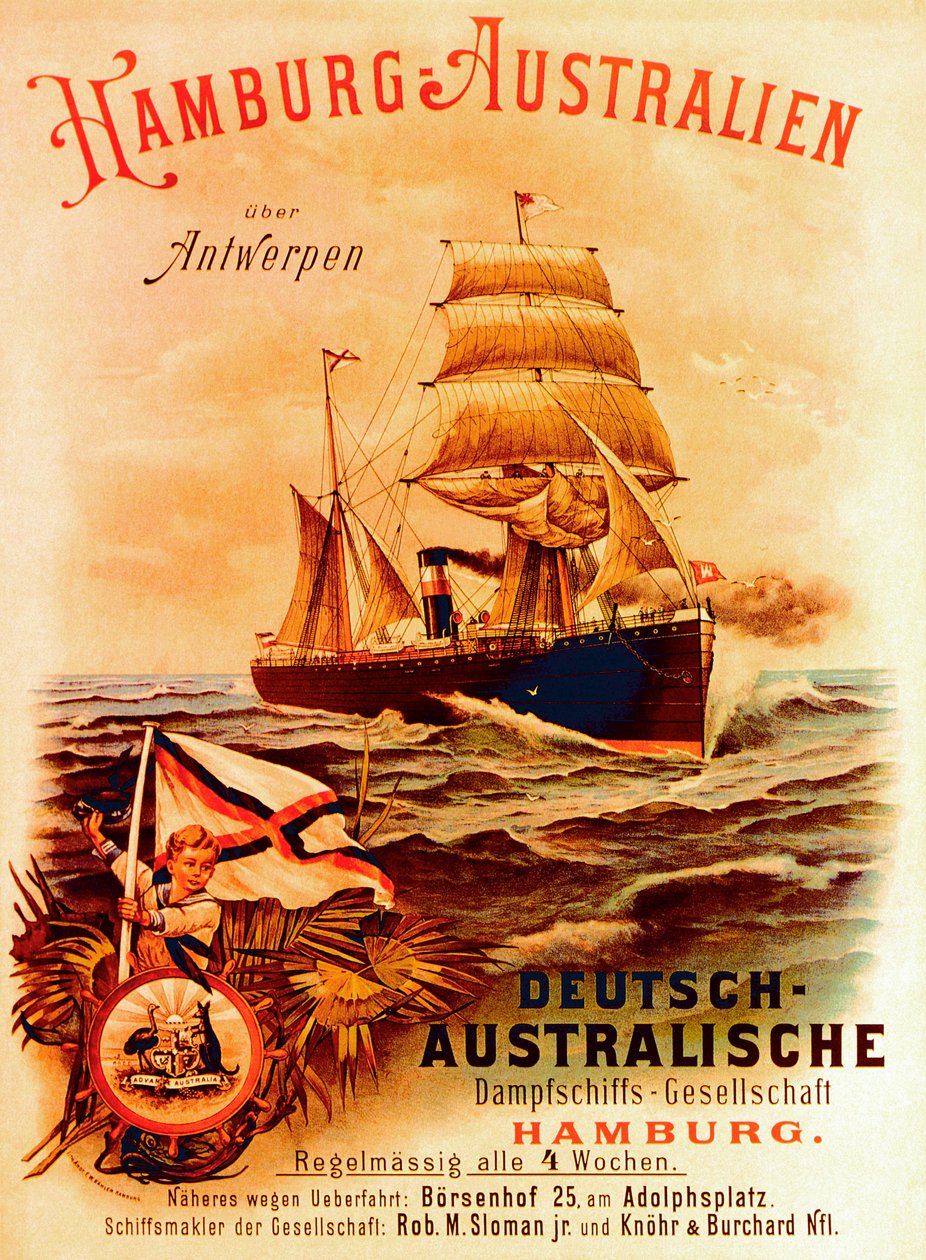 Hamburg - Australien, affisch för det tyska australiensiska ångfartygsbolaget, 1889 av German School