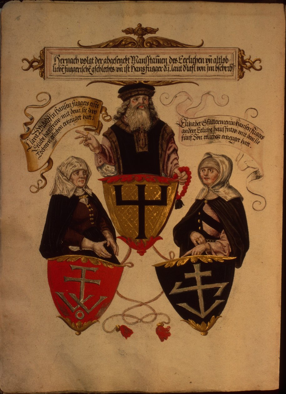Hans Fugger och hans två fruar Clara Widolf och Elisabeth Gfattermann, från familjen Fuggers hemliga hedersbok av German School