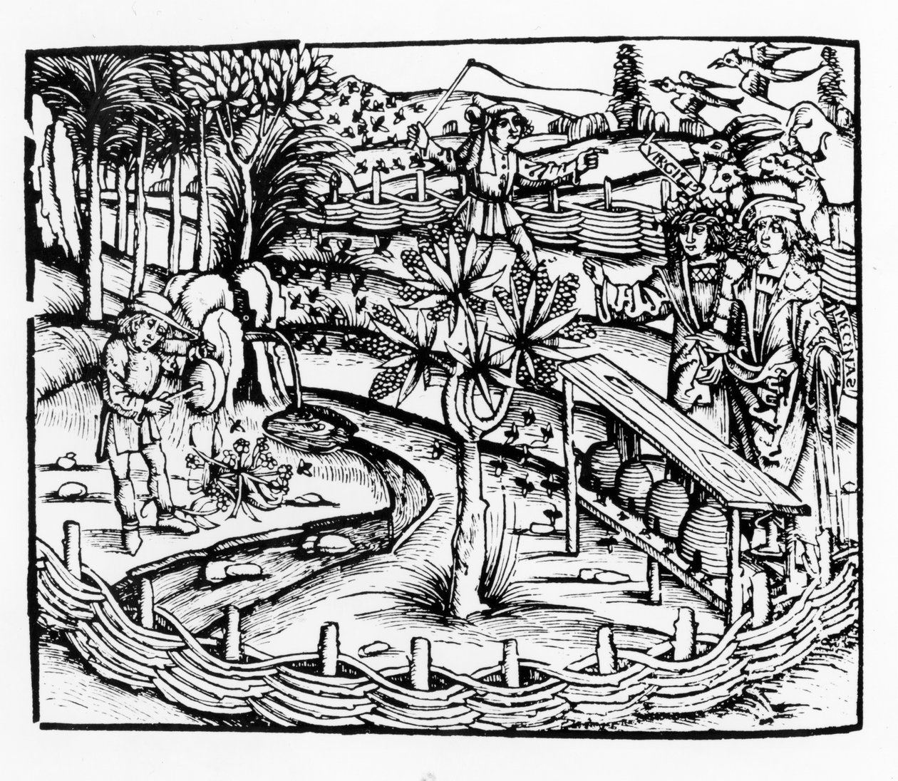 Glada makar som sköter bin, illustration från Georgikerna av Virgil, bok IV, från Sebastian Brants (1457-1521) upplaga, publicerad 1502 av German School