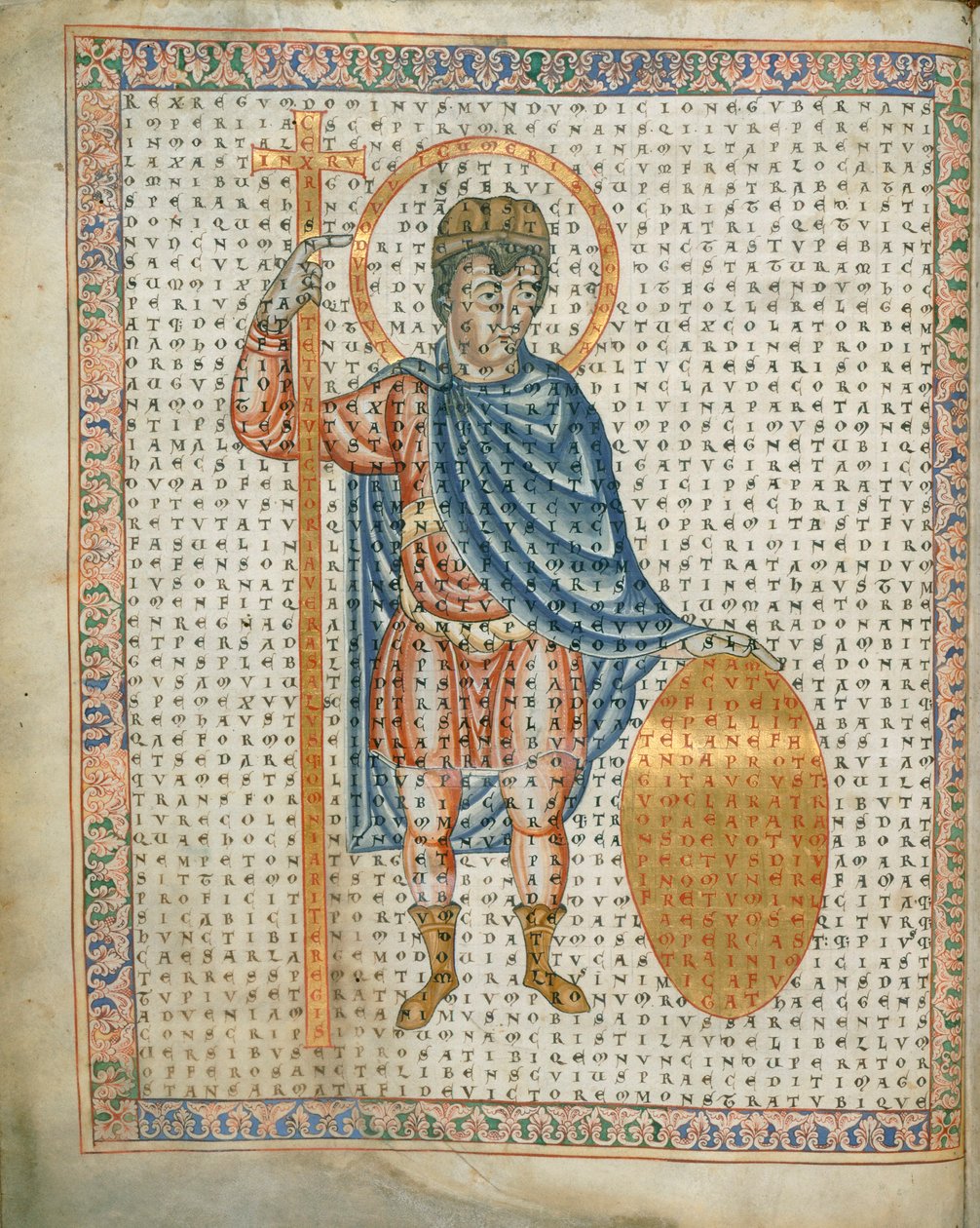 Harley 3045 fol.2 Kejsar Ludvig I, den fromme, med kors och sköld, från 