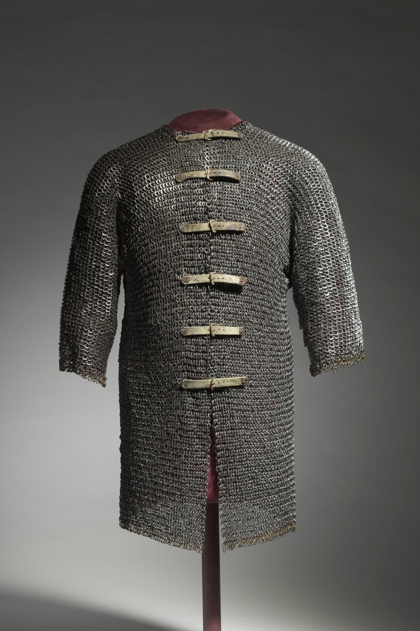 Hauberk, c.1400-1450 (stål- och mässingsringar, nitade med moderna spännen och remmar) av German School