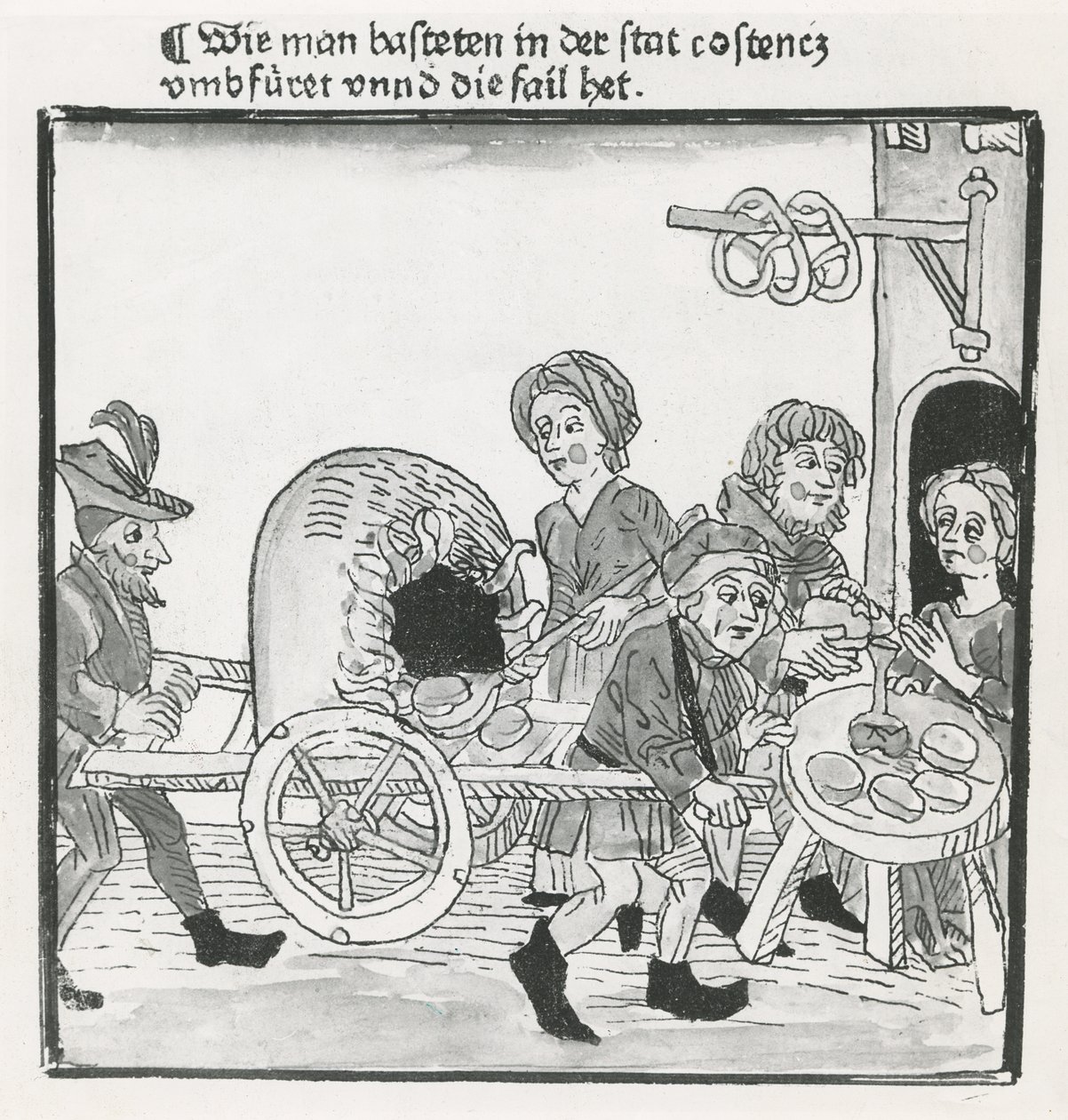 Hawker of Pancakes and Pretzels, under konciliet i Konstanz 1417, efter ett inkunabulum, ca 1485 (penna och bläck på papper) av German School